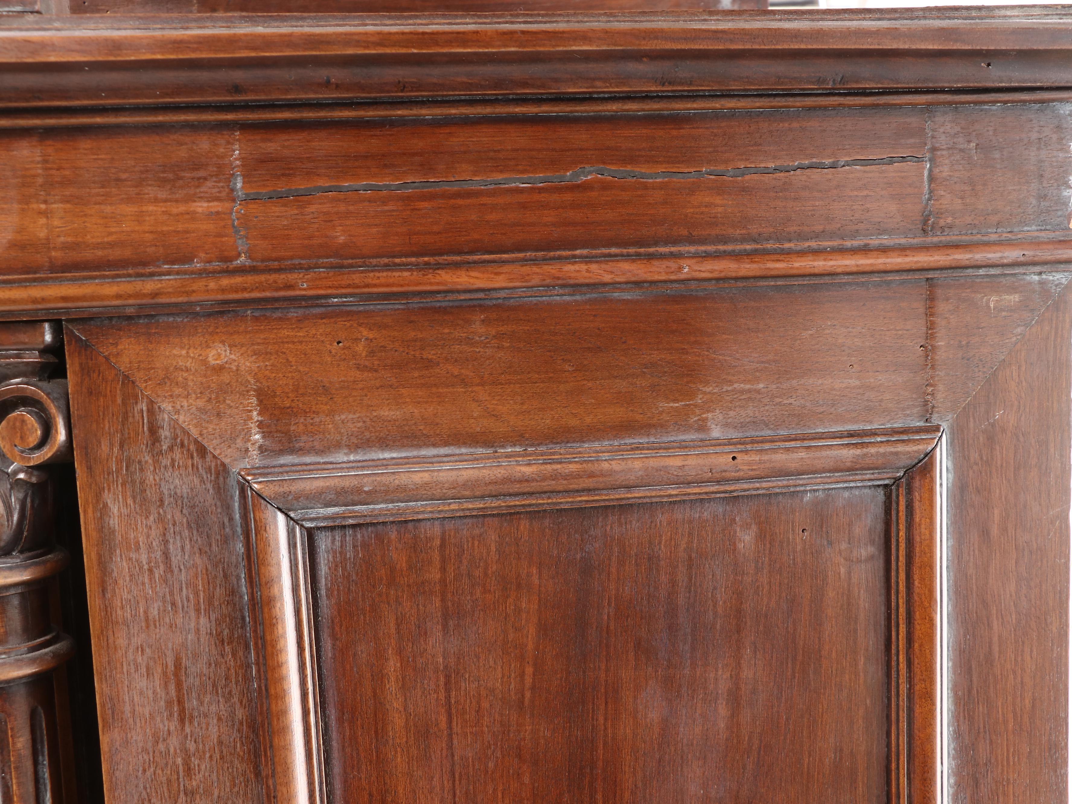 Monumental Renaissance Revival Carved Walnut & Rouge Marble Buffet à Deux Corps