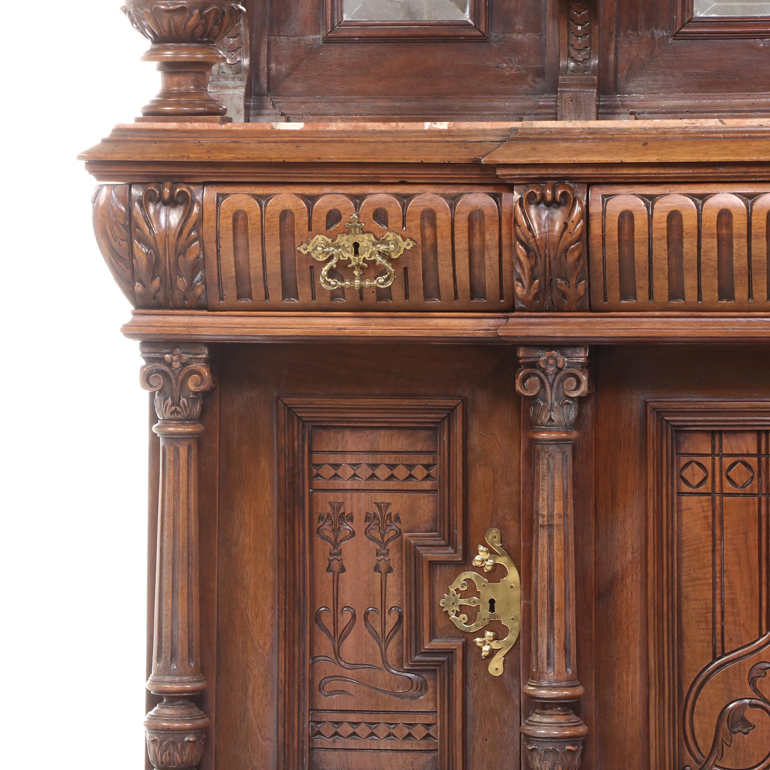 Monumental Renaissance Revival Carved Walnut & Rouge Marble Buffet à Deux Corps