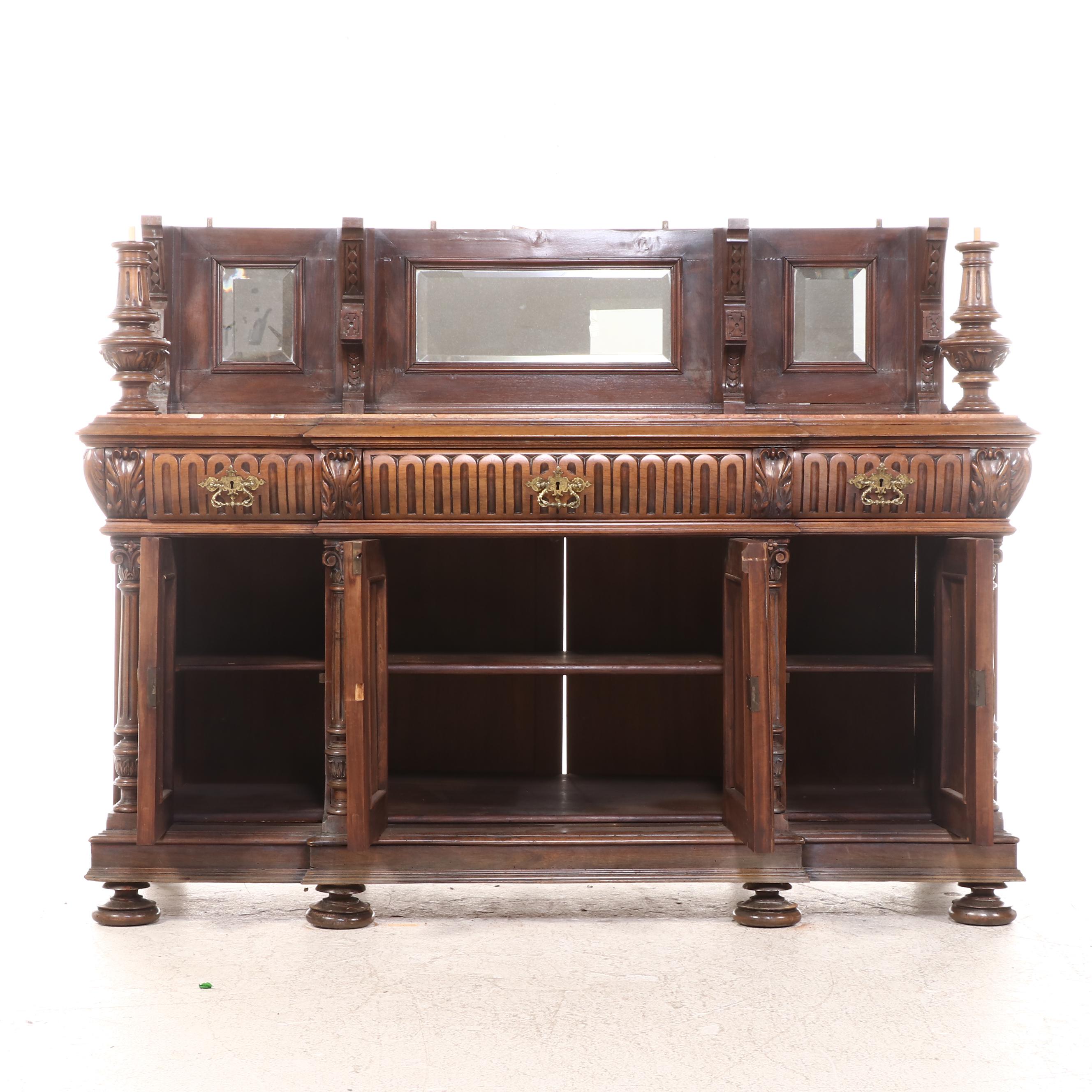 Monumental Renaissance Revival Carved Walnut & Rouge Marble Buffet à Deux Corps
