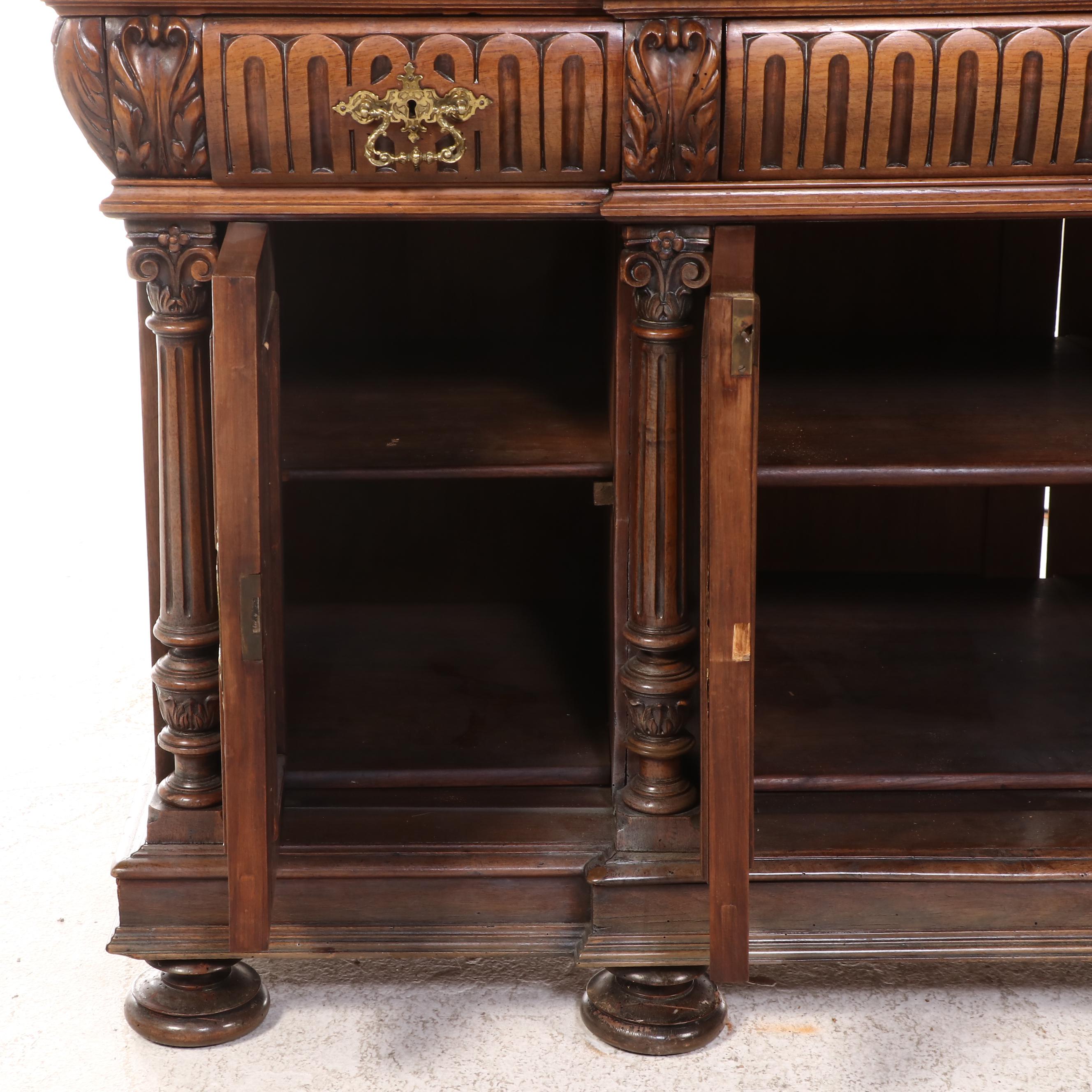 Monumental Renaissance Revival Carved Walnut & Rouge Marble Buffet à Deux Corps
