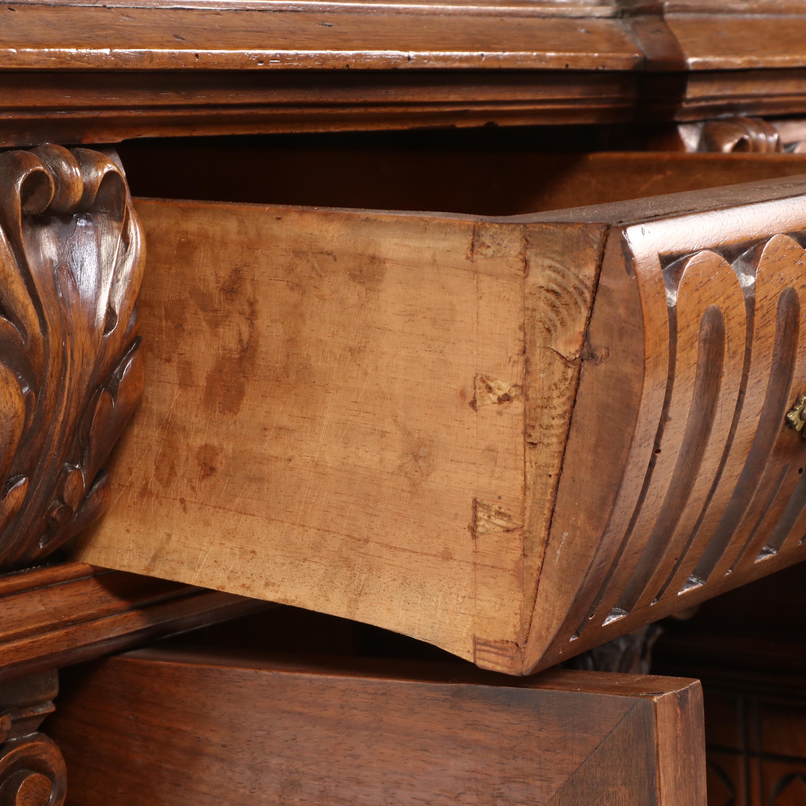 Monumental Renaissance Revival Carved Walnut & Rouge Marble Buffet à Deux Corps