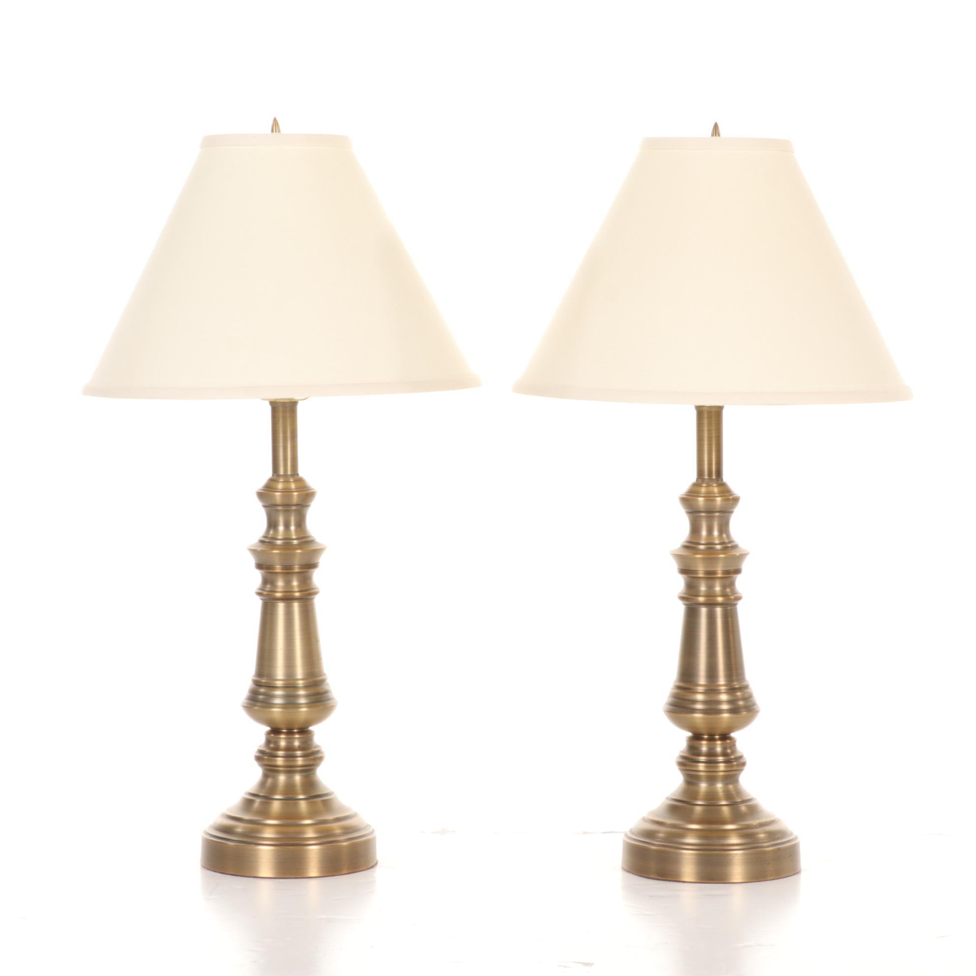 Colonial Revival Brushed Brass Table Lamps, Pair, 21st Century