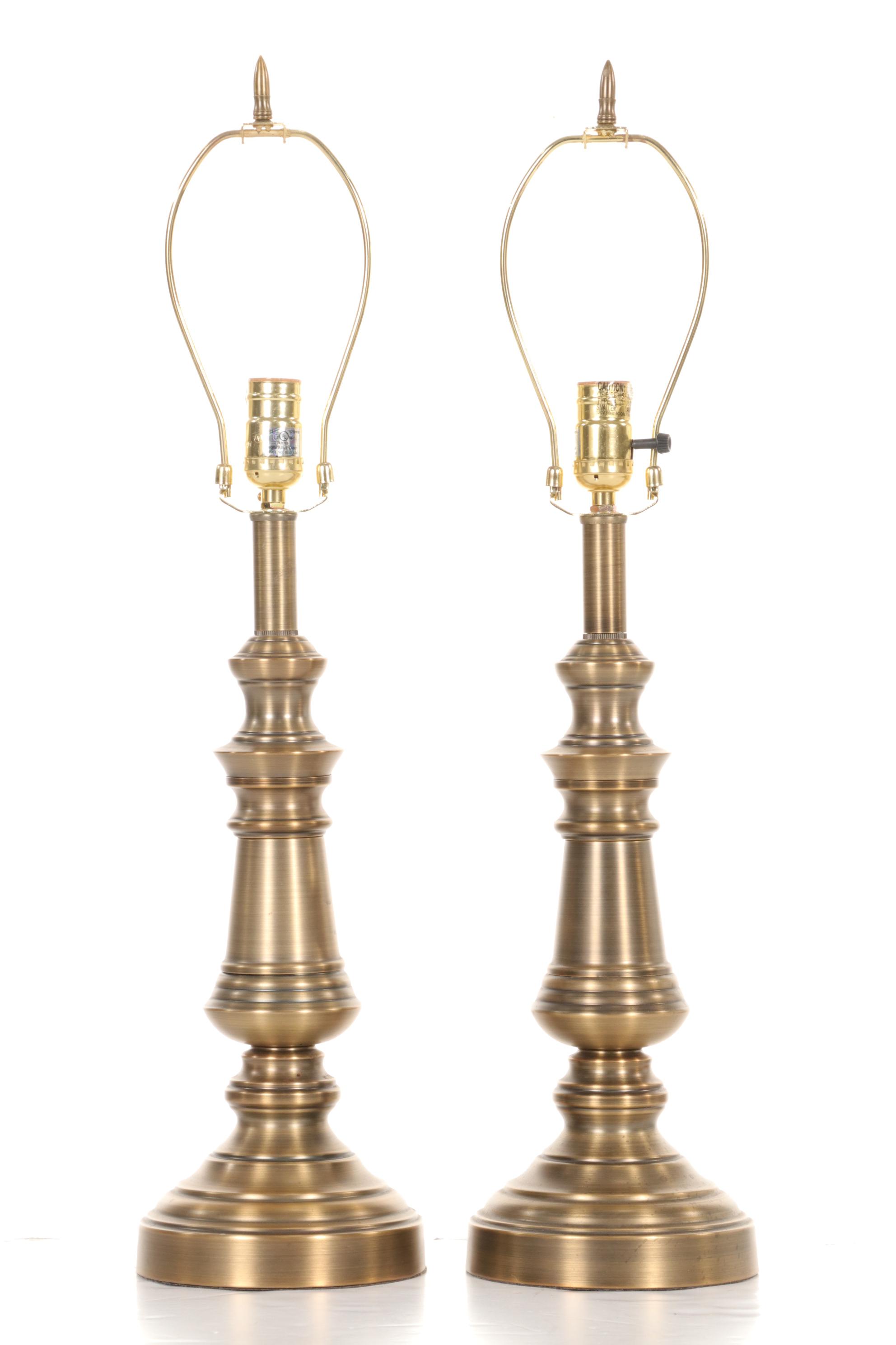 Colonial Revival Brushed Brass Table Lamps, Pair, 21st Century