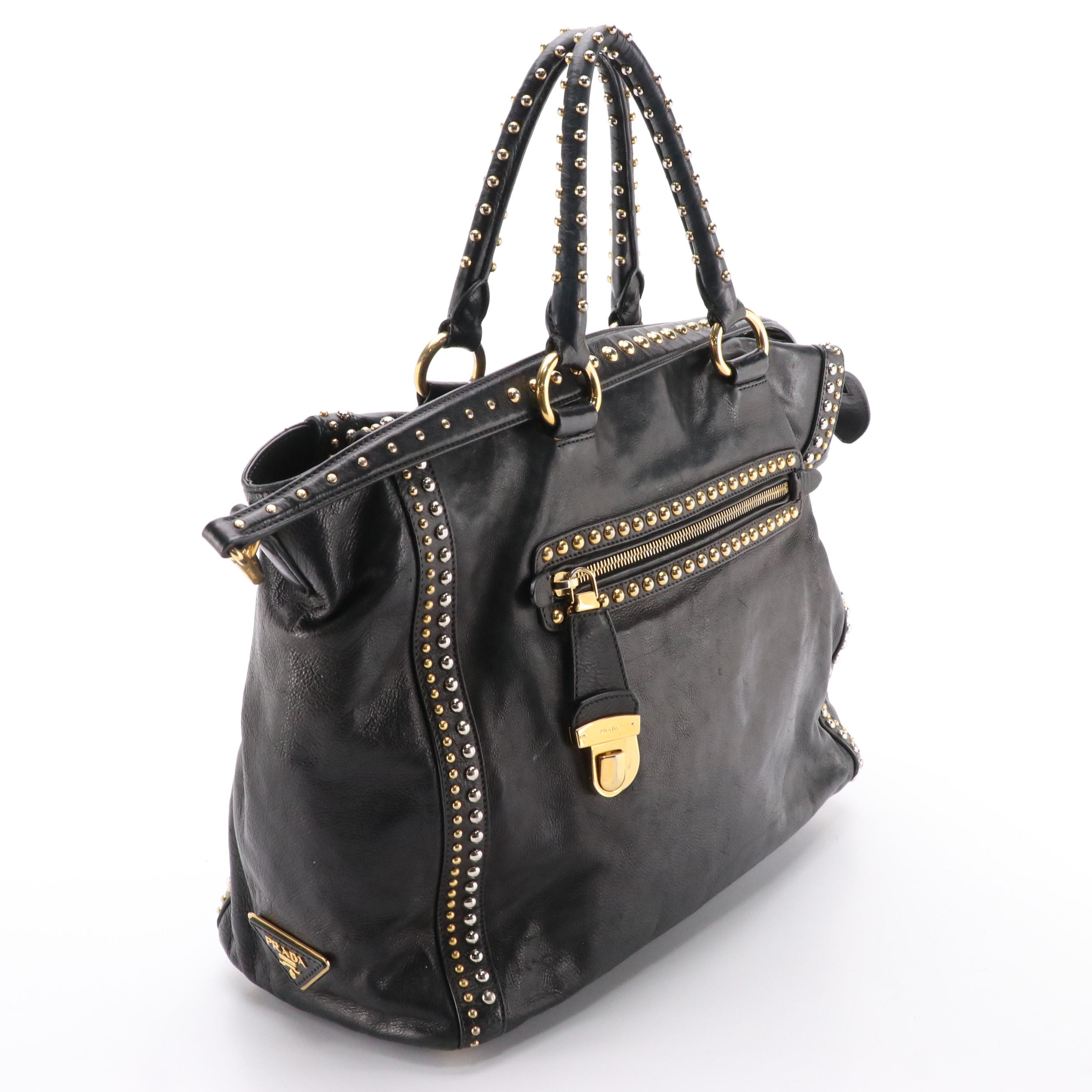 Prada Talco Craquele Studded Leather Two-Way Bauletto Bag