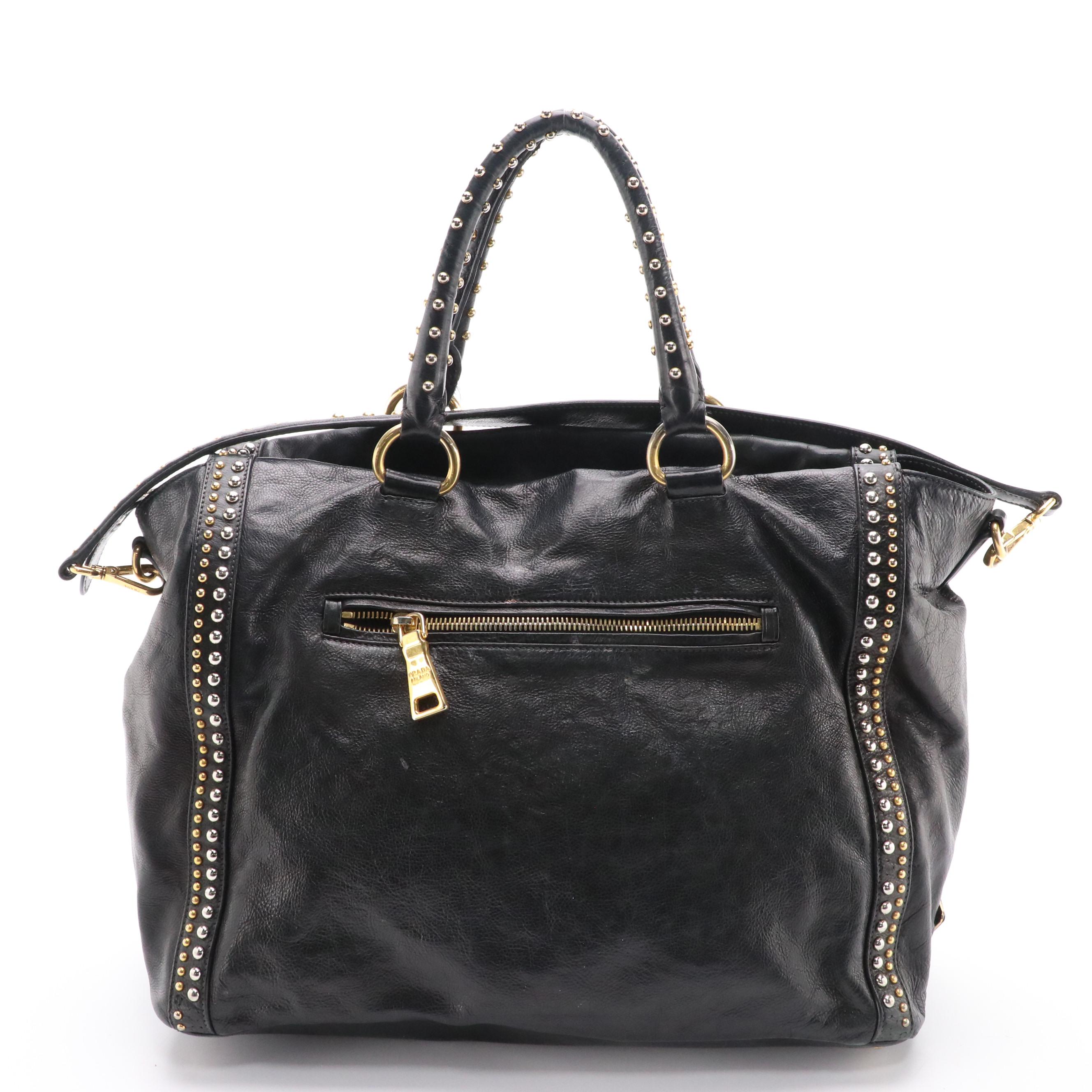 Prada Talco Craquele Studded Leather Two-Way Bauletto Bag