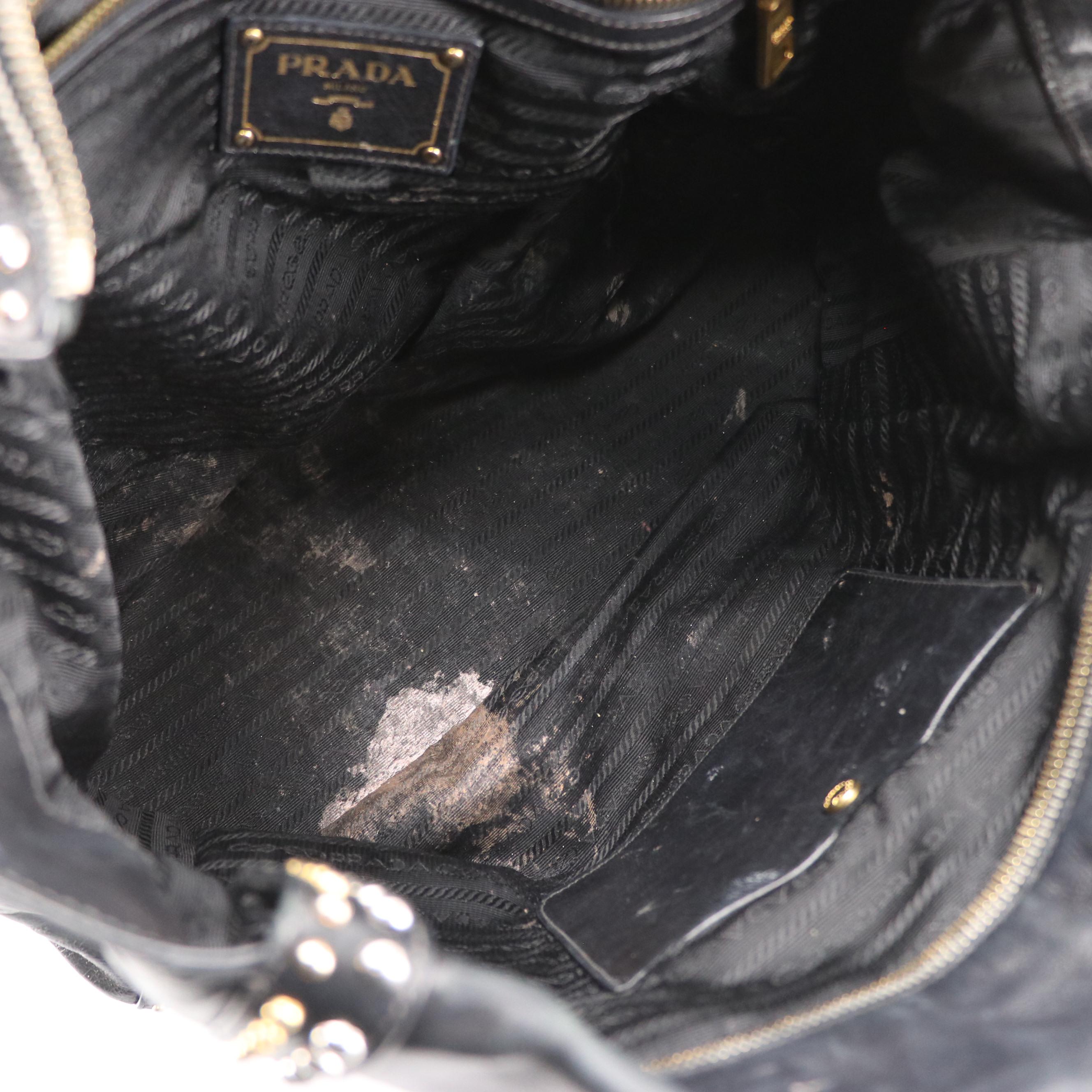 Prada Talco Craquele Studded Leather Two-Way Bauletto Bag