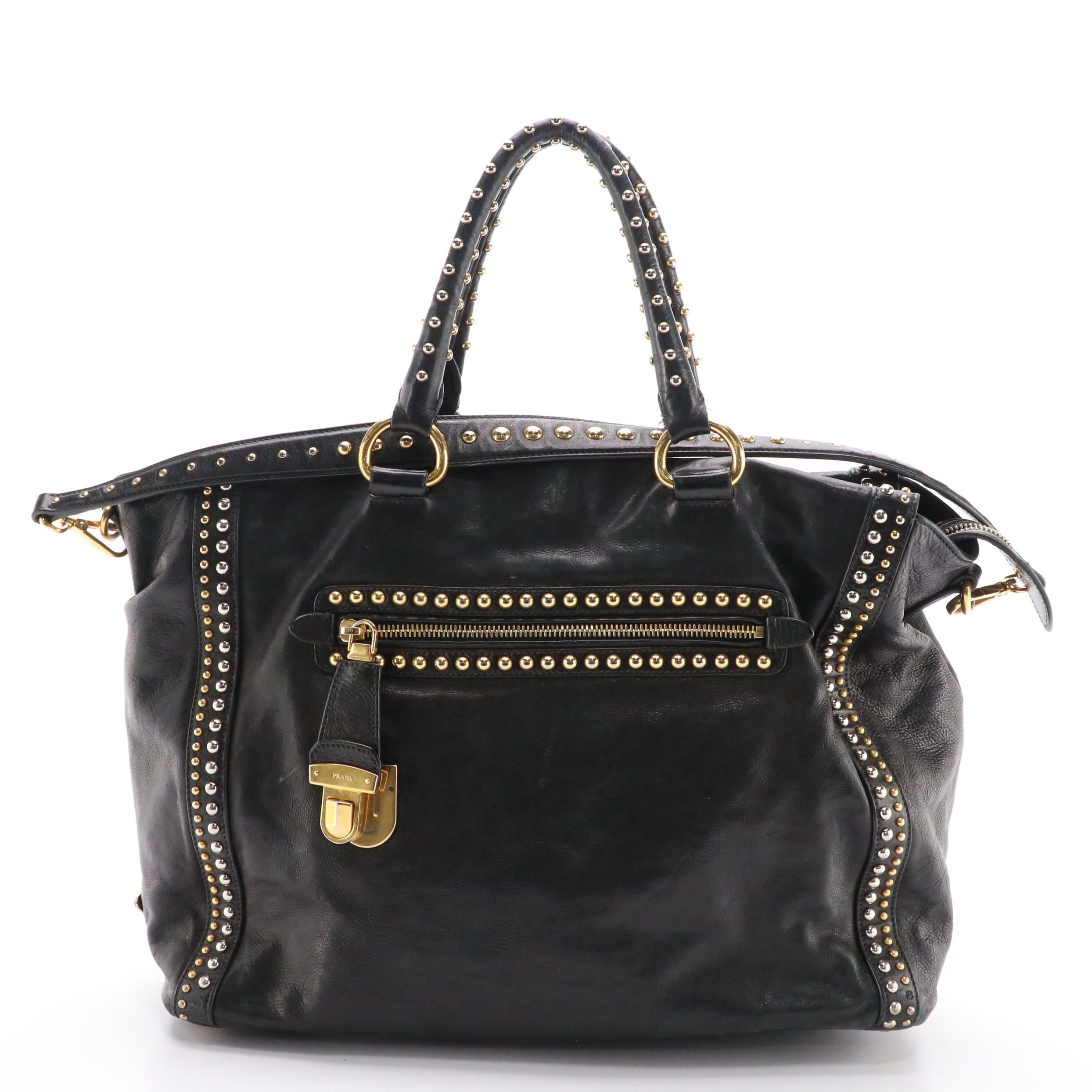 Prada Talco Craquele Studded Leather Two-Way Bauletto Bag