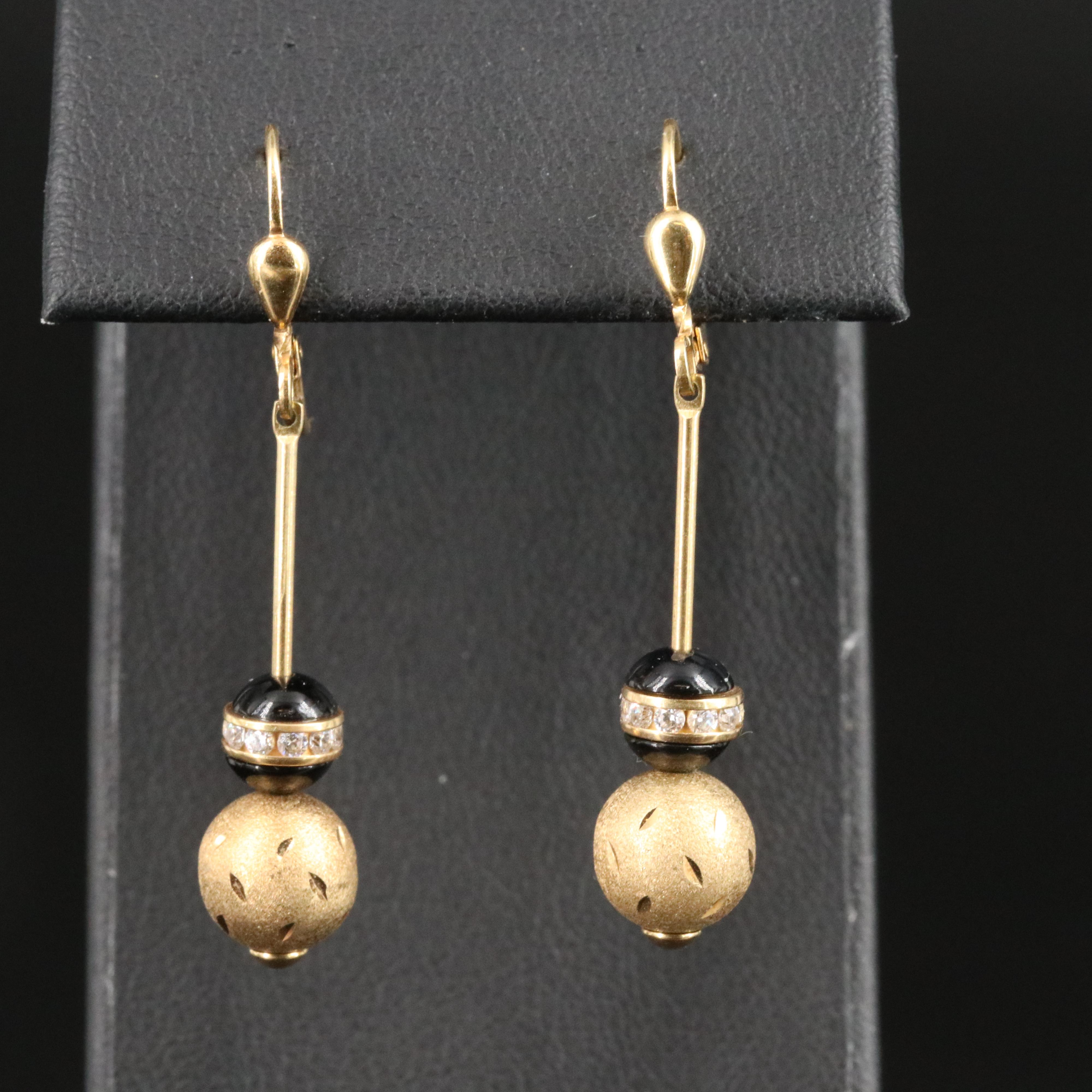14K Drop Bead Earrings with Black Onyx and CZ