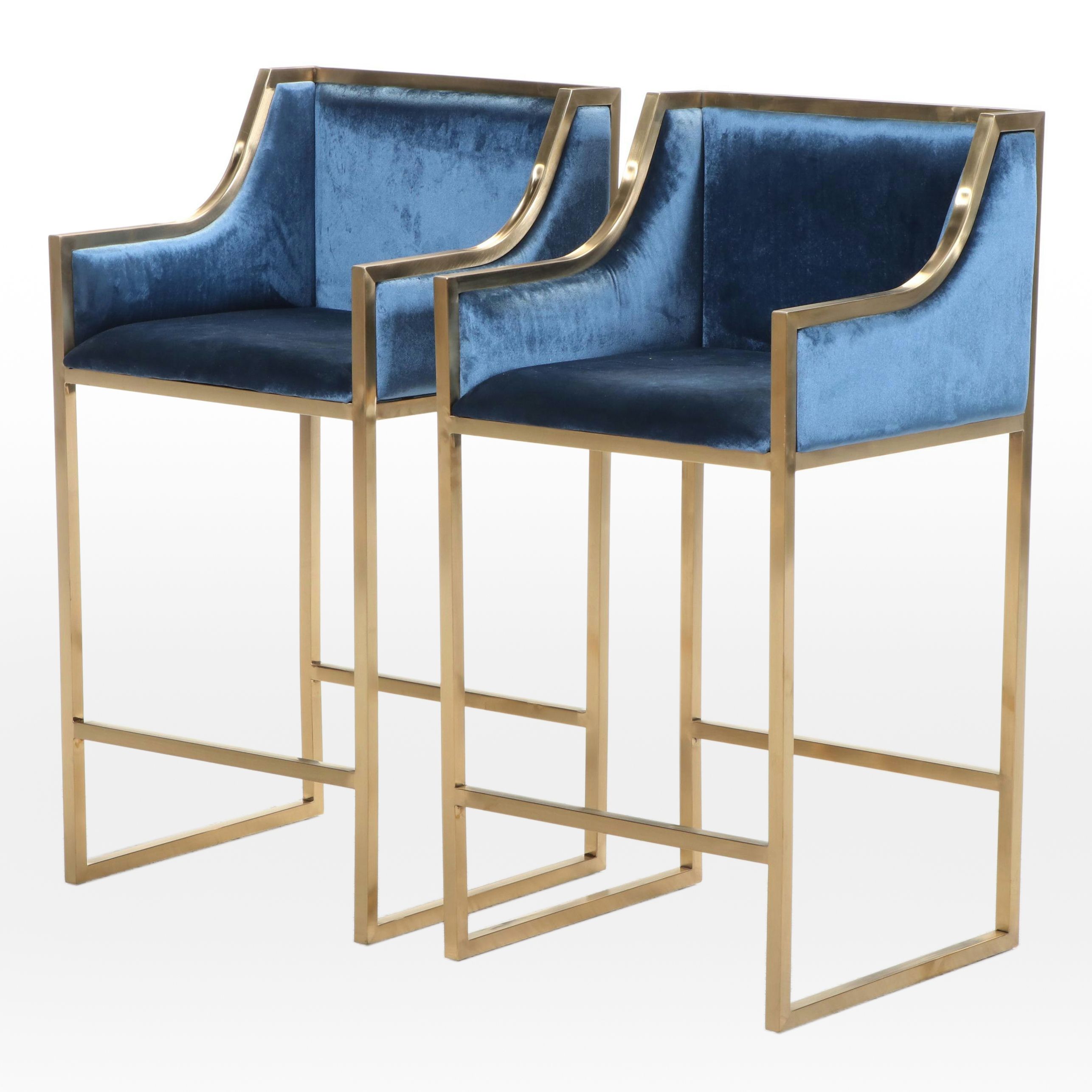 Pair of Modernist Style Upholstered Brass Counter Stools