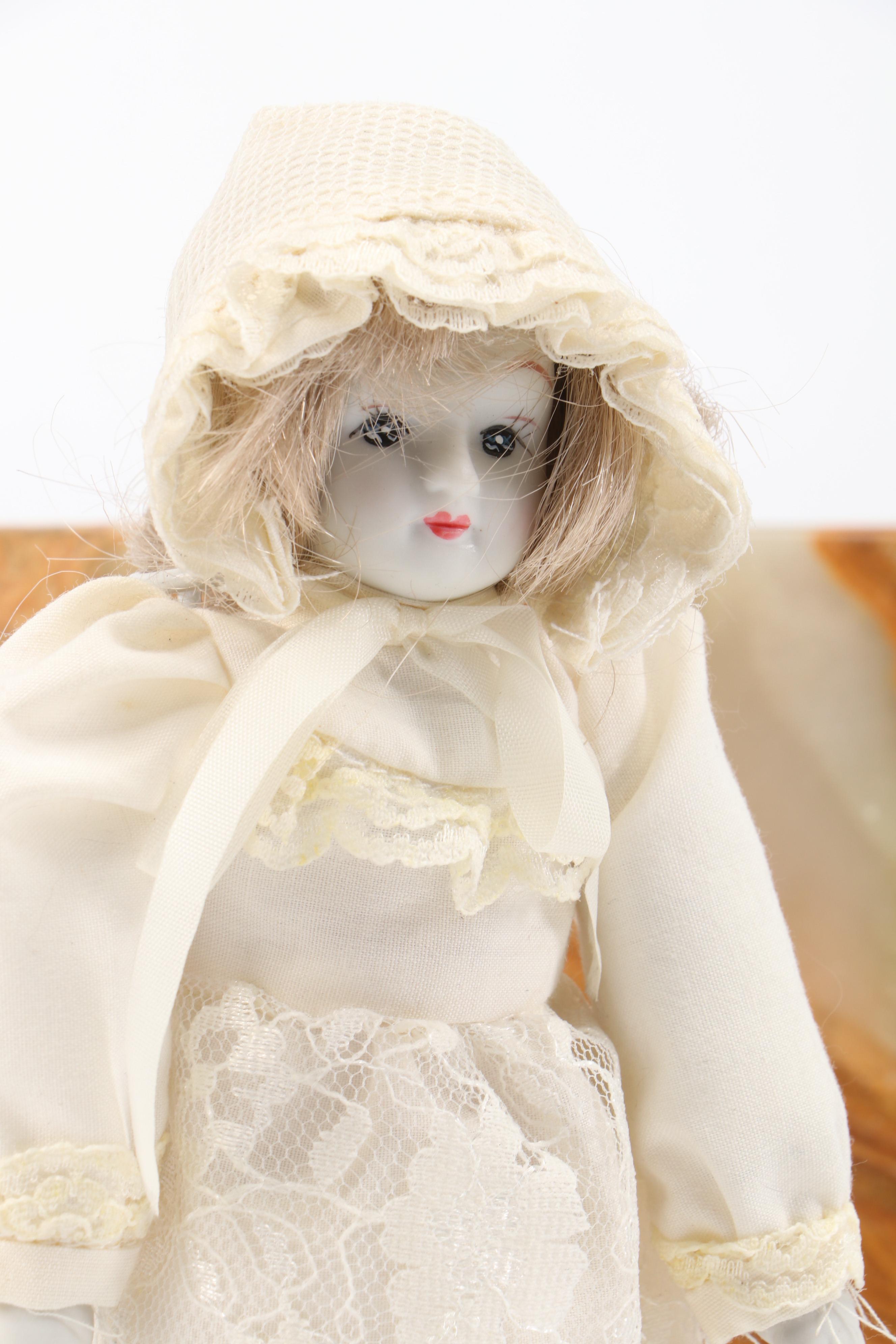 Spongeware Pitcher with China Doll and Other Décor