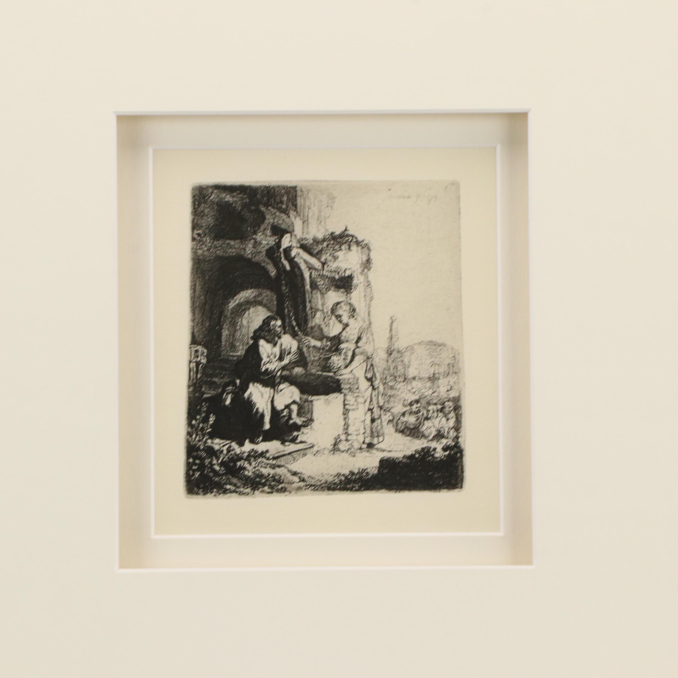 Rembrandt Restrike Etching "Christ and the Woman of Samaria Among Ruins"