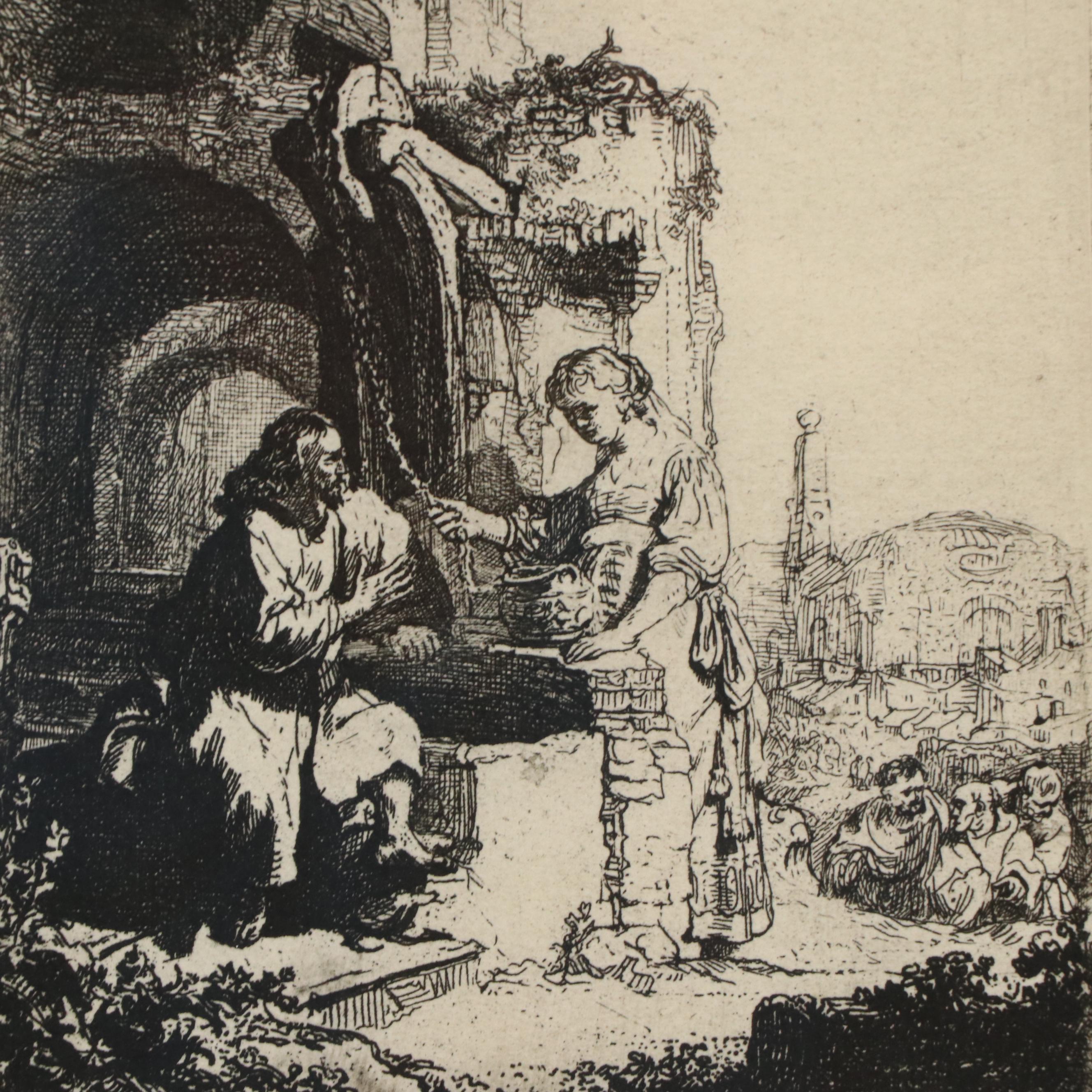 Rembrandt Restrike Etching "Christ and the Woman of Samaria Among Ruins"