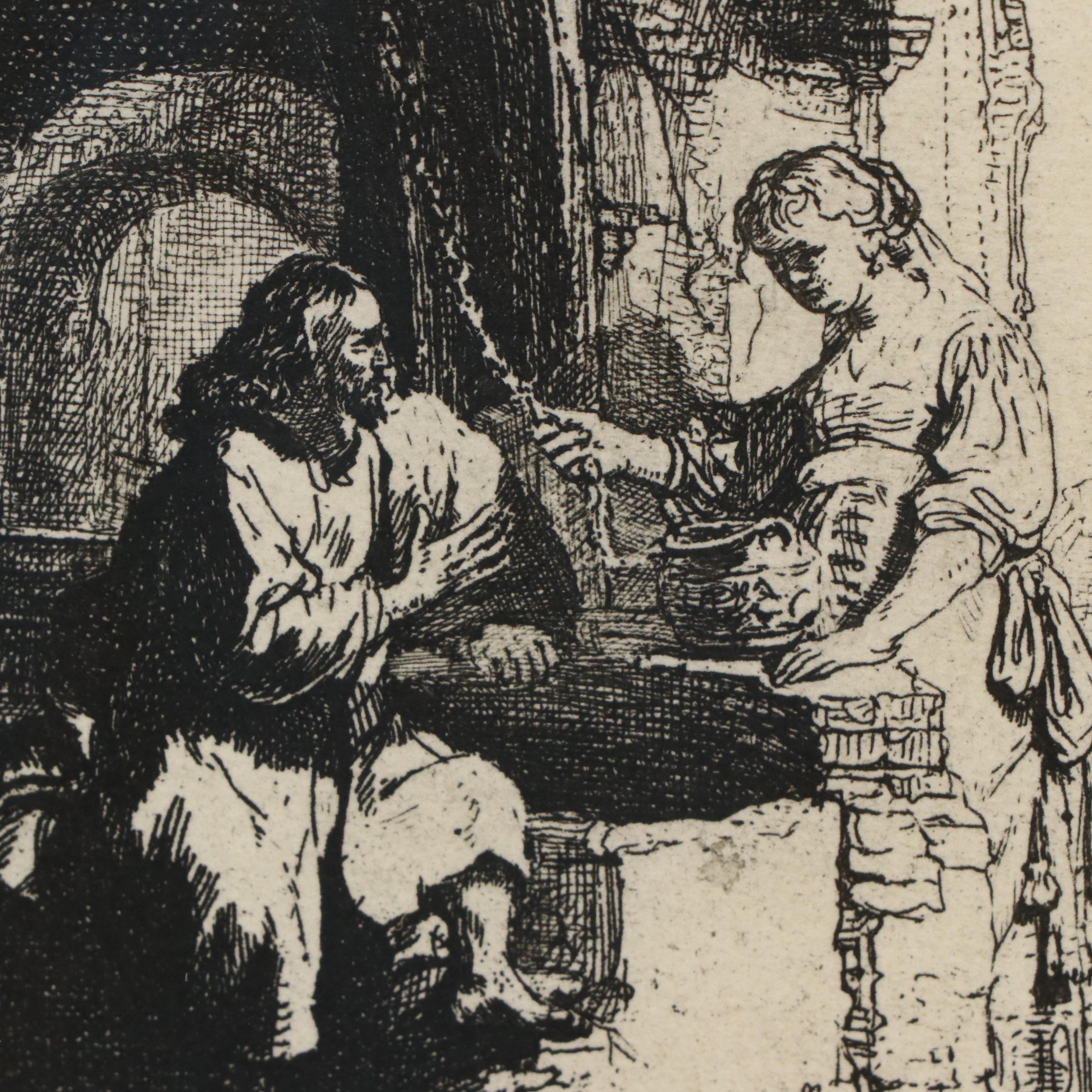 Rembrandt Restrike Etching "Christ and the Woman of Samaria Among Ruins"