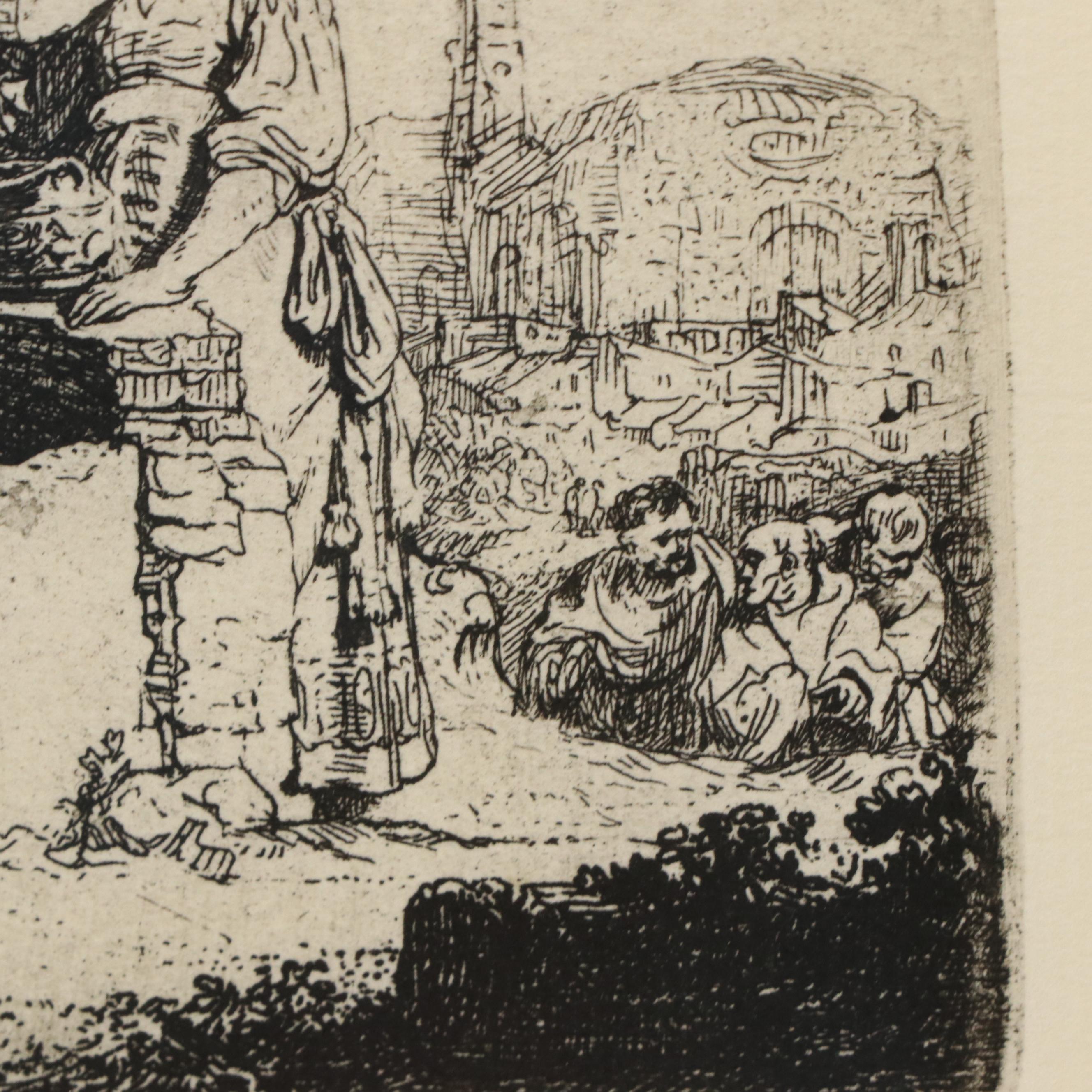 Rembrandt Restrike Etching "Christ and the Woman of Samaria Among Ruins"