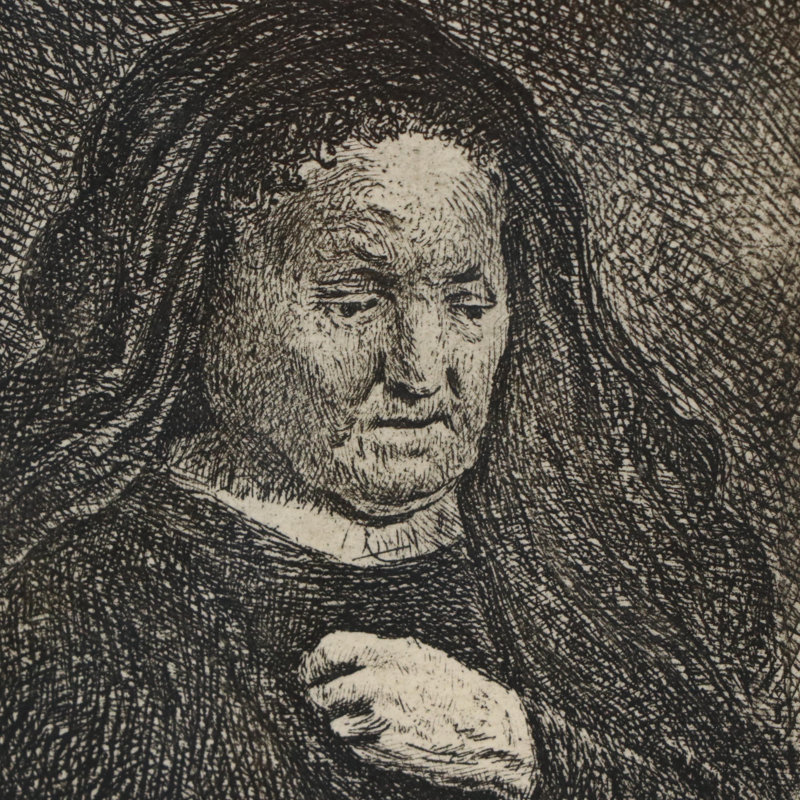 Rembrandt Restrike Etching "Rembrandt's Mother with her Hand on her Breast"
