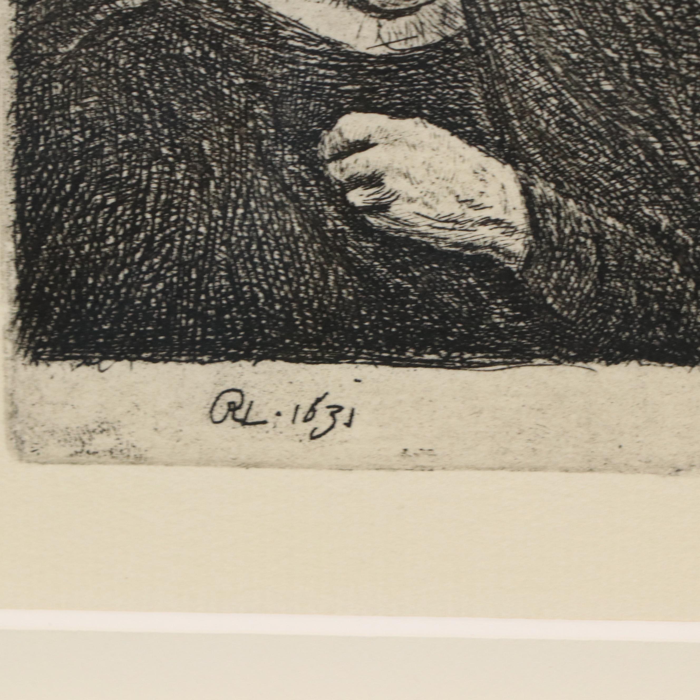 Rembrandt Restrike Etching "Rembrandt's Mother with her Hand on her Breast"