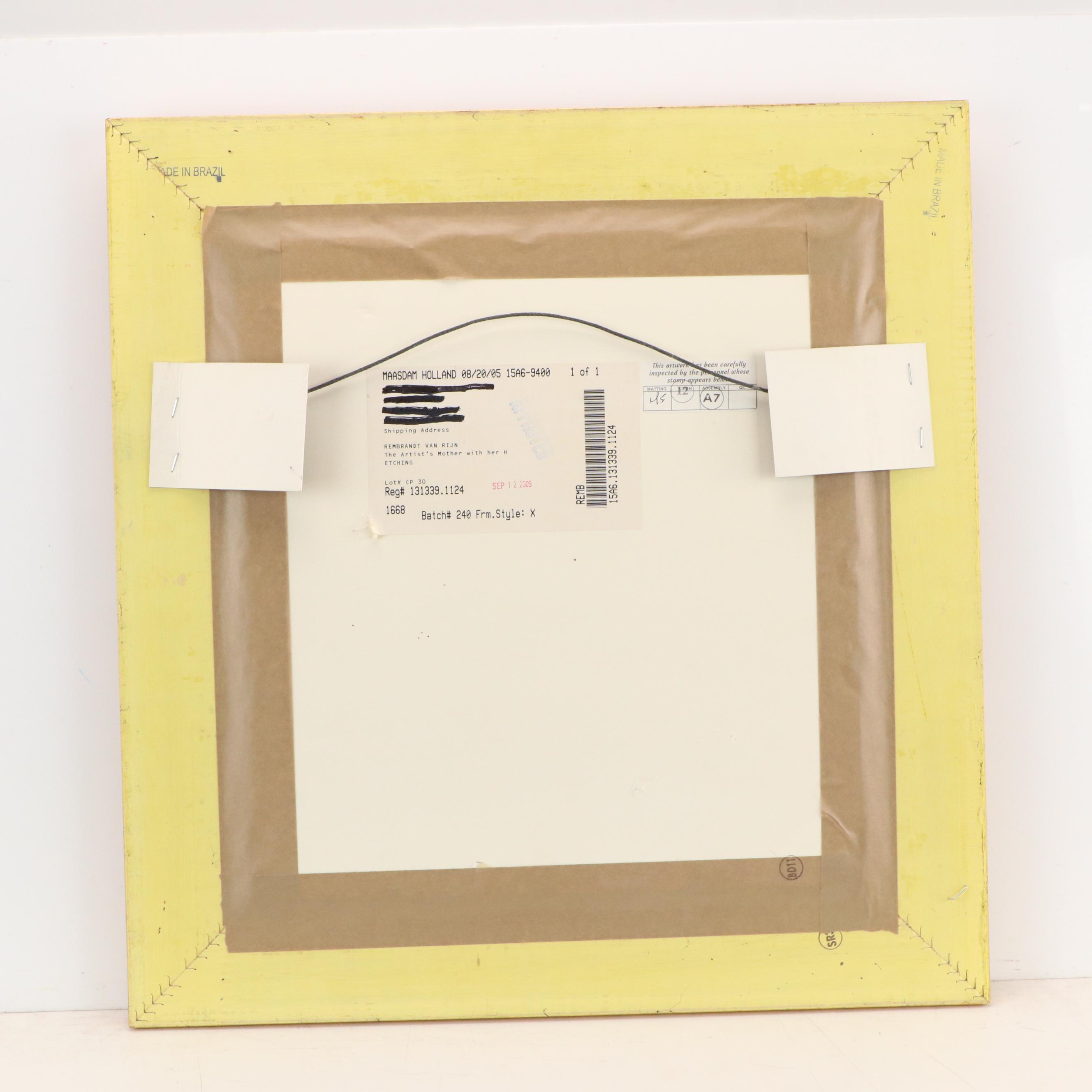 Rembrandt Restrike Etching "Rembrandt's Mother with her Hand on her Breast"