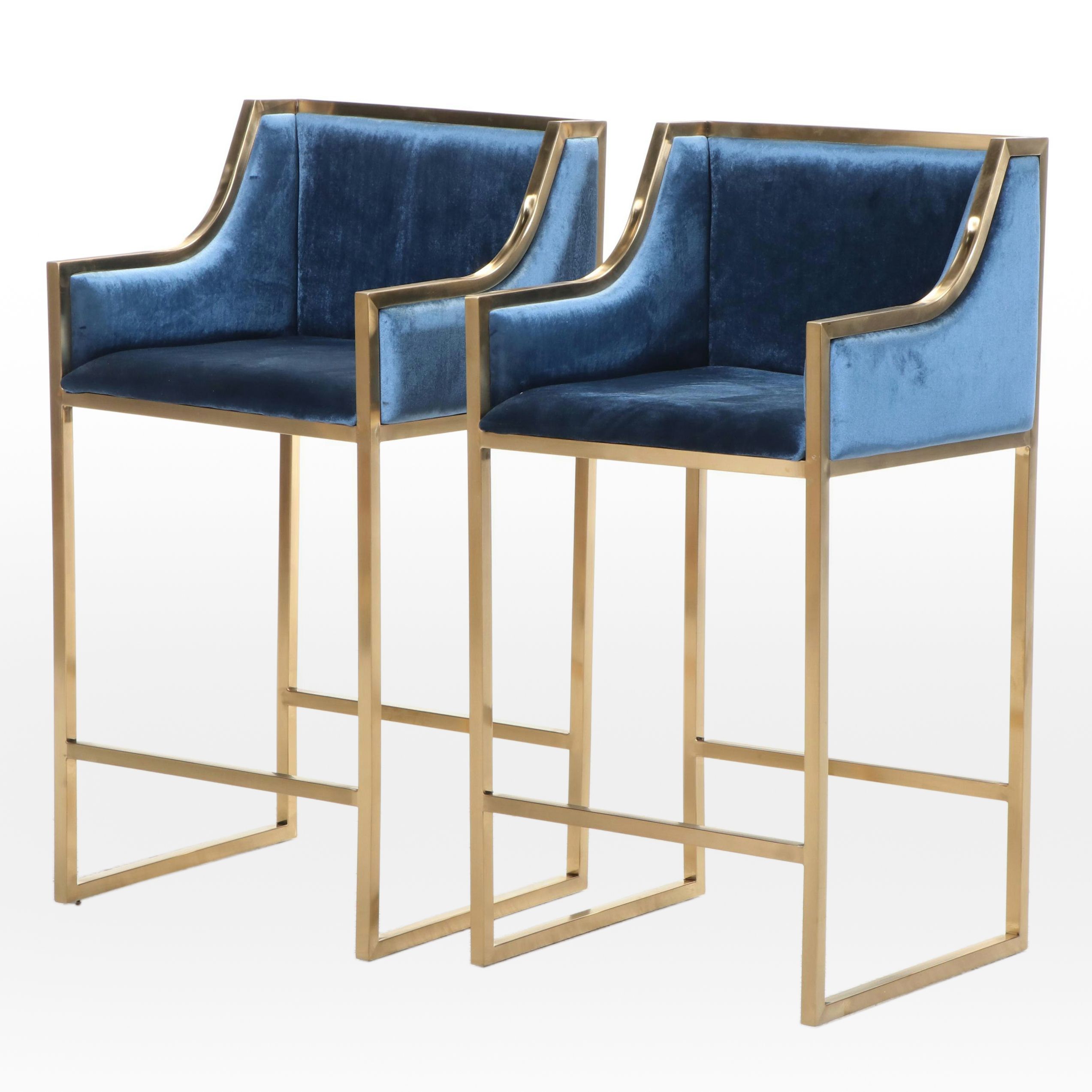 Pair of Modernist Style Upholstered Brass Counter Stools