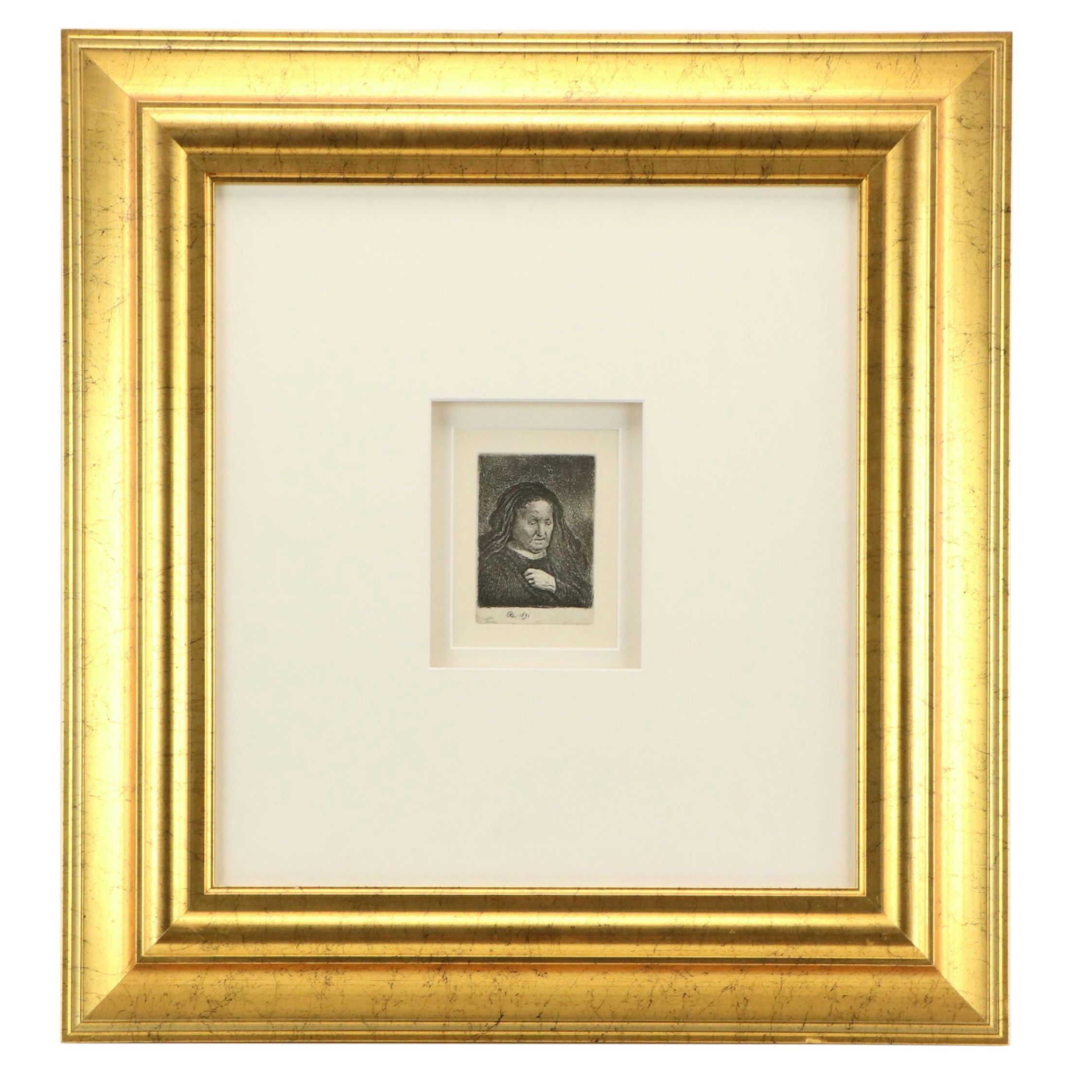 Rembrandt Restrike Etching "Rembrandt's Mother with her Hand on her Breast"