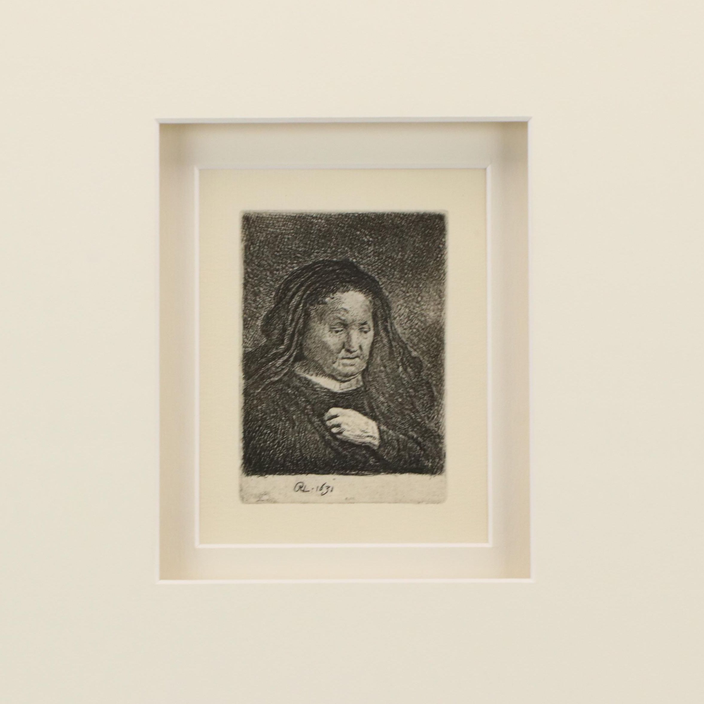 Rembrandt Restrike Etching "Rembrandt's Mother with her Hand on her Breast"