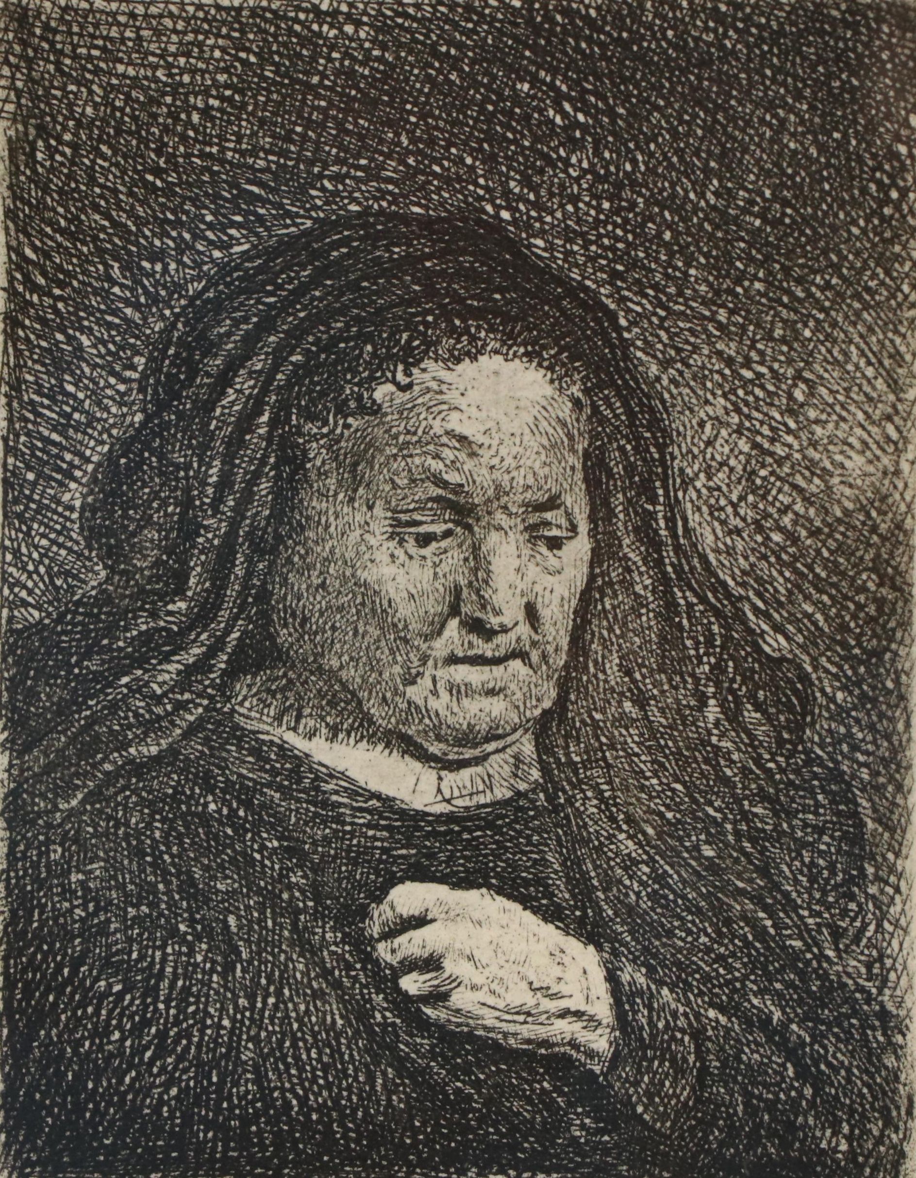 Rembrandt Restrike Etching "Rembrandt's Mother with her Hand on her Breast"
