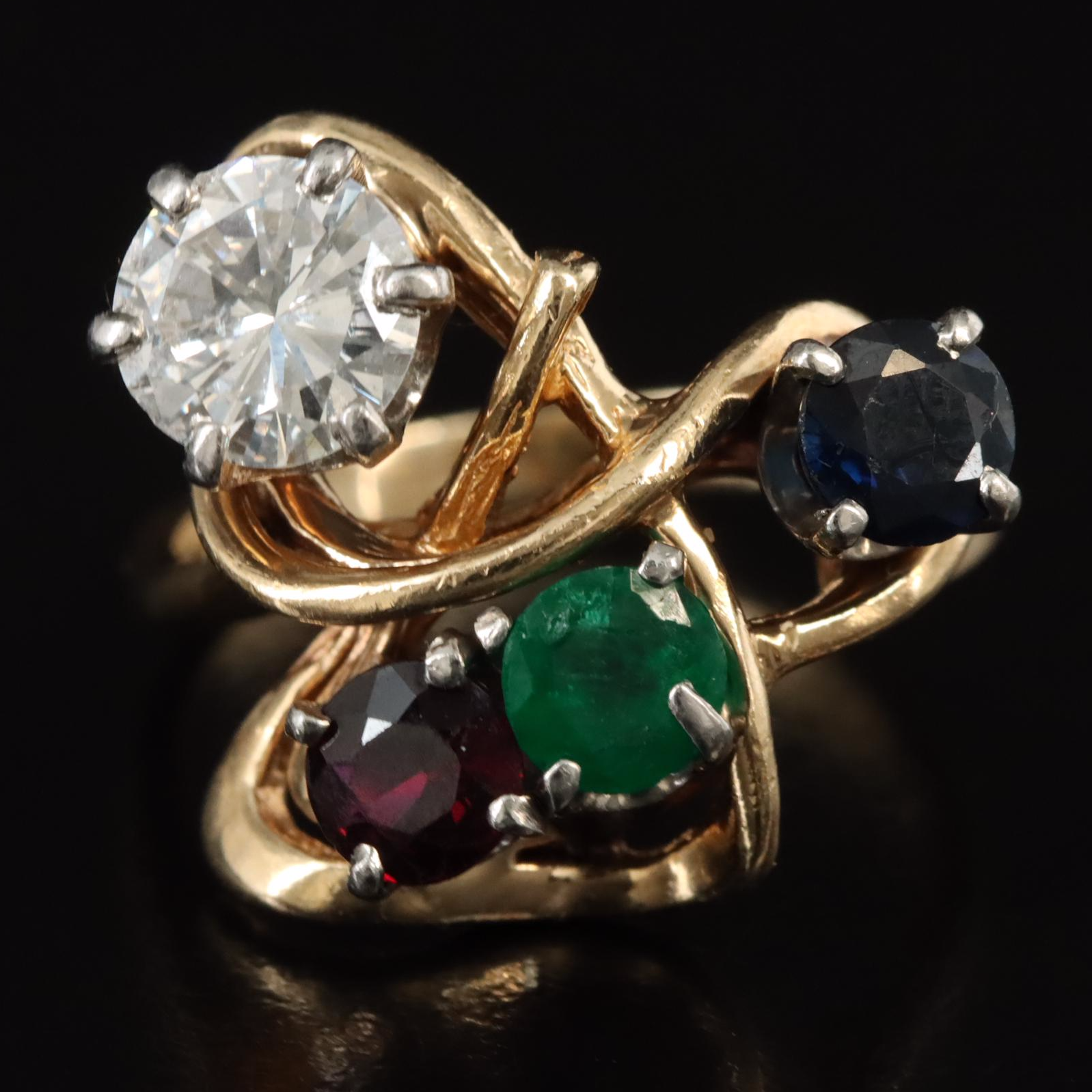 14K Diamond, Ruby, Emerald and Sapphire Ring with Palladium Accent