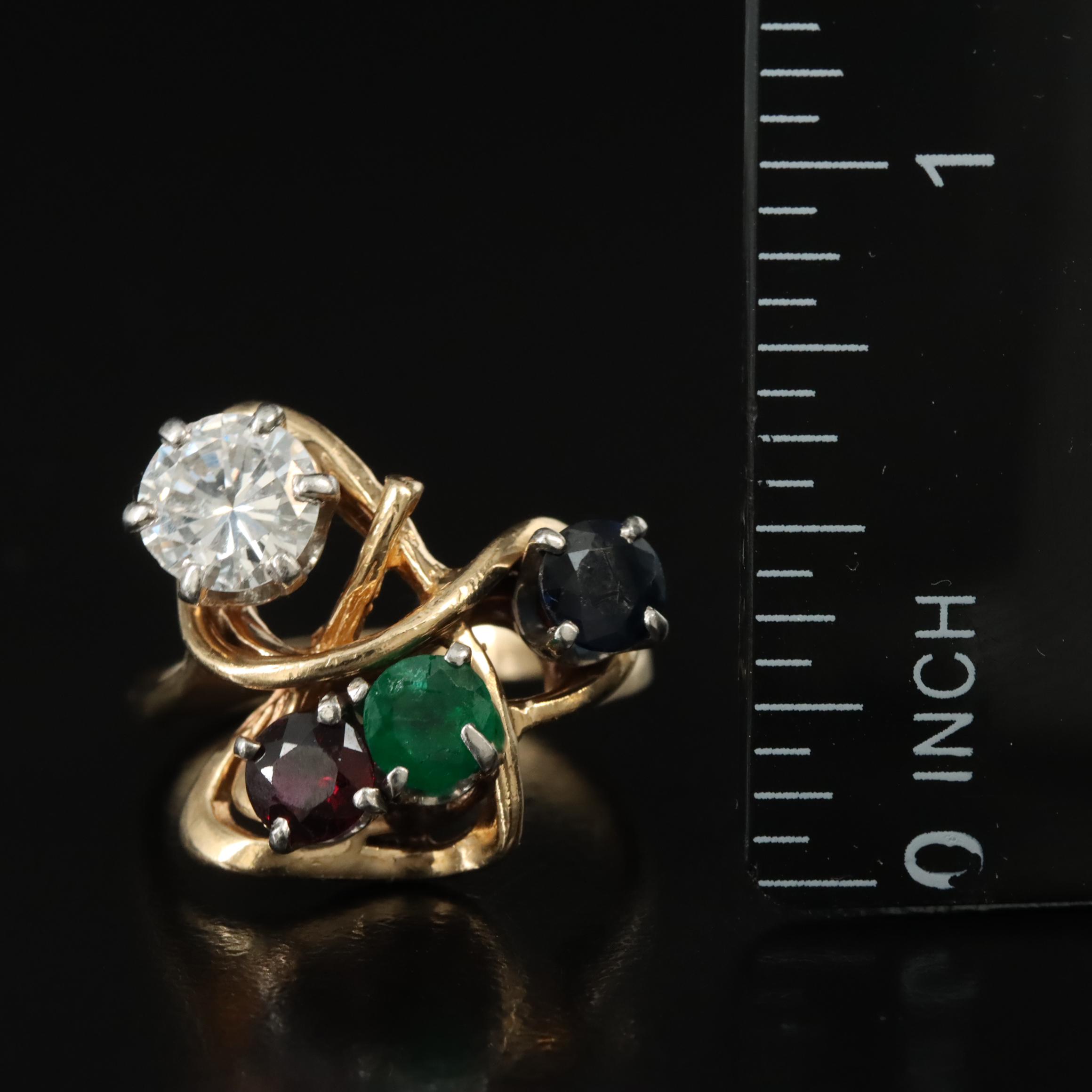 14K Diamond, Ruby, Emerald and Sapphire Ring with Palladium Accent