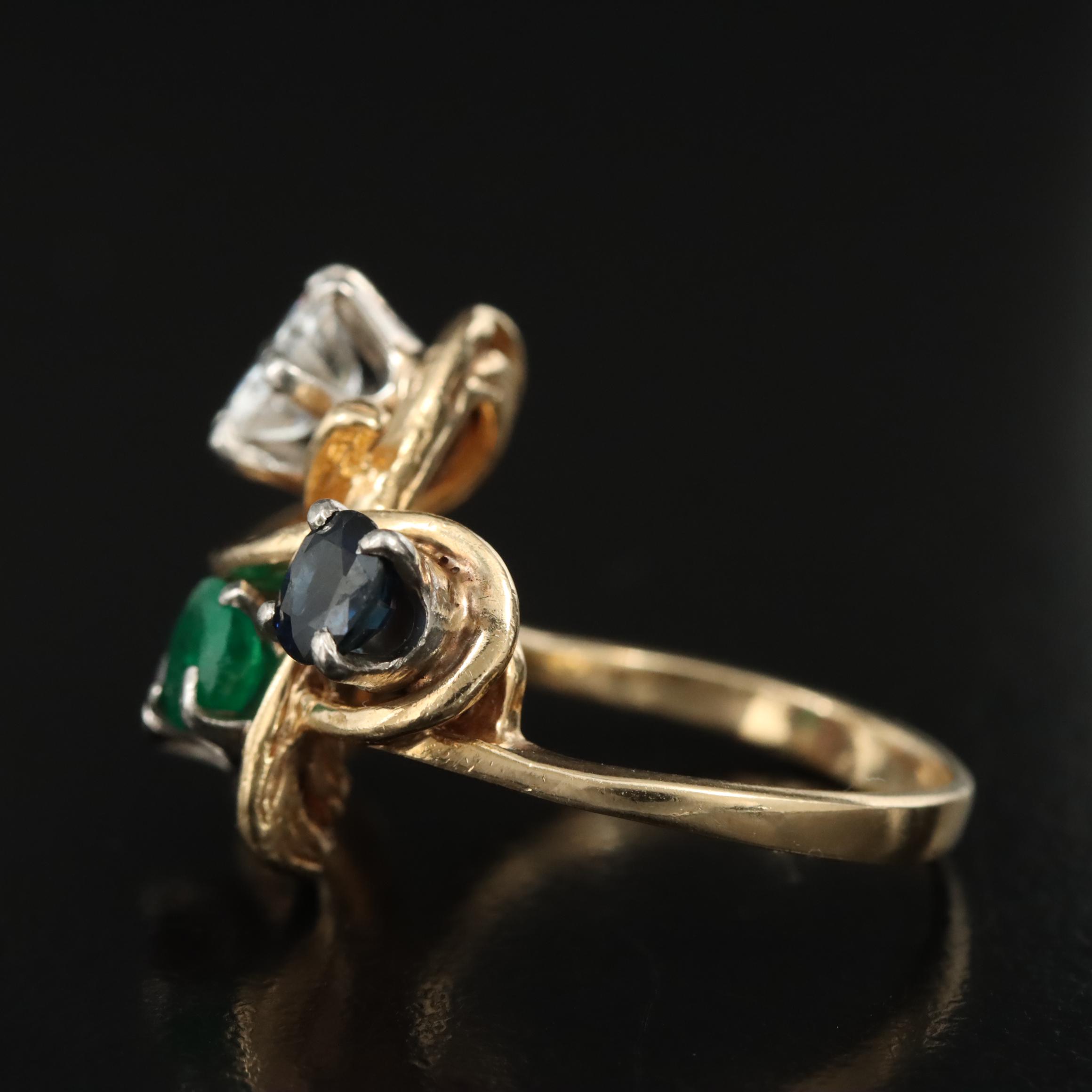 14K Diamond, Ruby, Emerald and Sapphire Ring with Palladium Accent