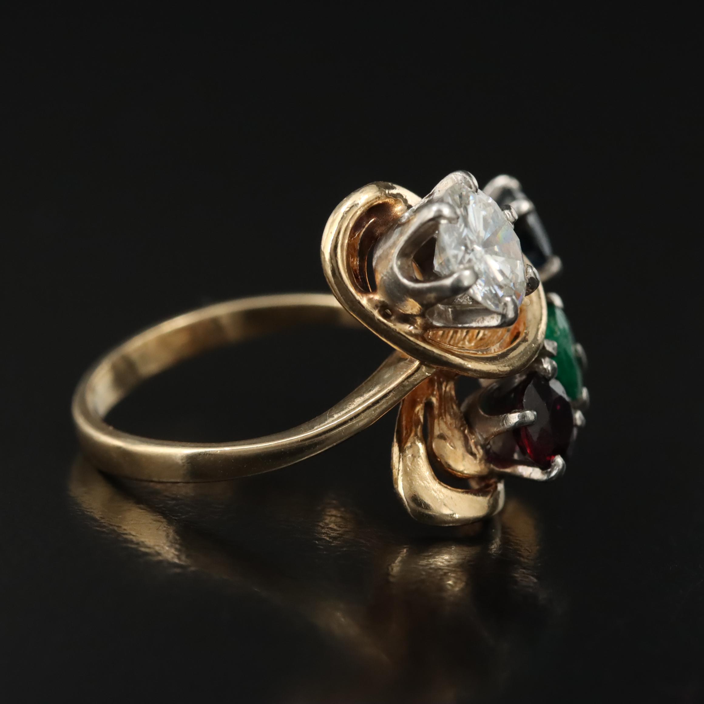14K Diamond, Ruby, Emerald and Sapphire Ring with Palladium Accent