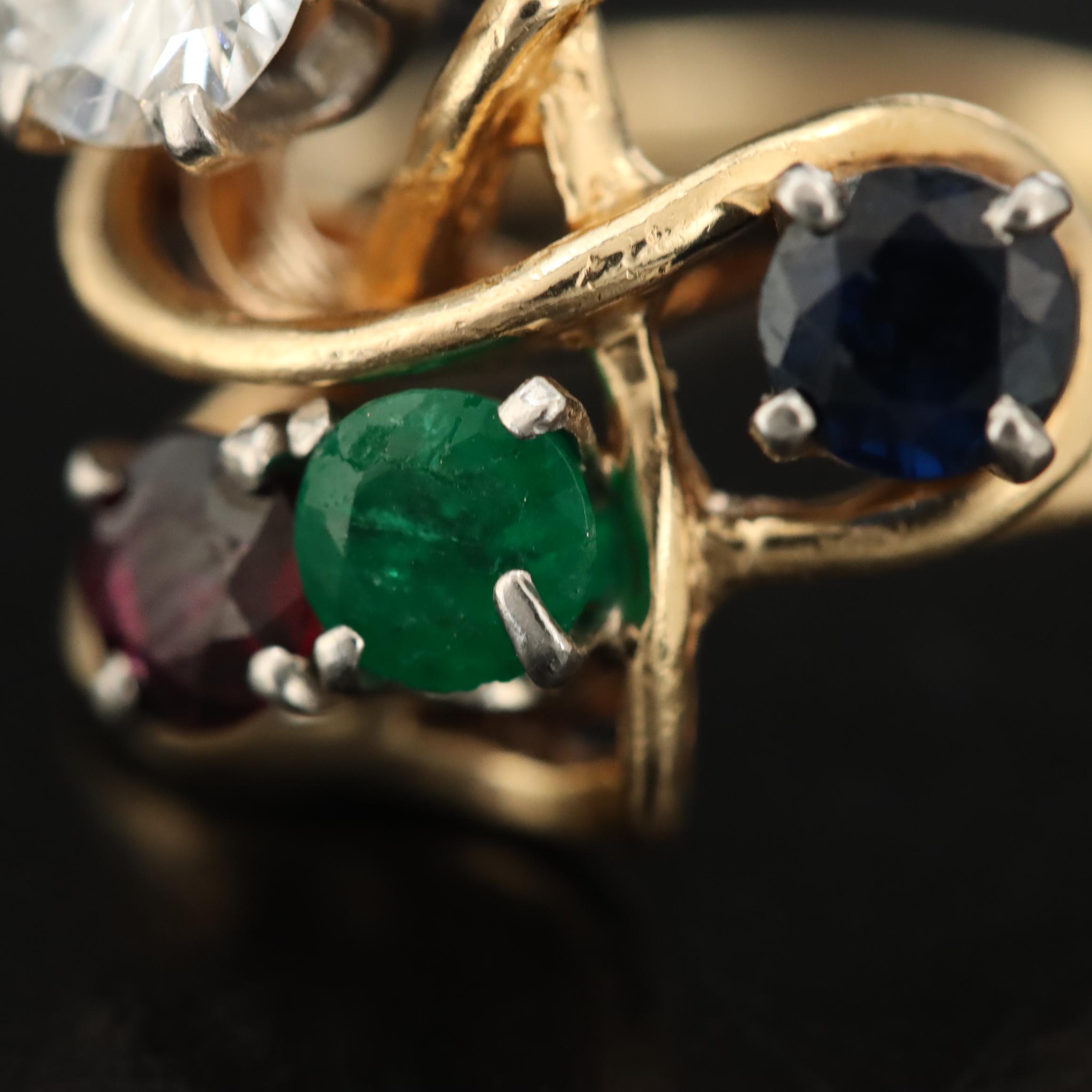 14K Diamond, Ruby, Emerald and Sapphire Ring with Palladium Accent