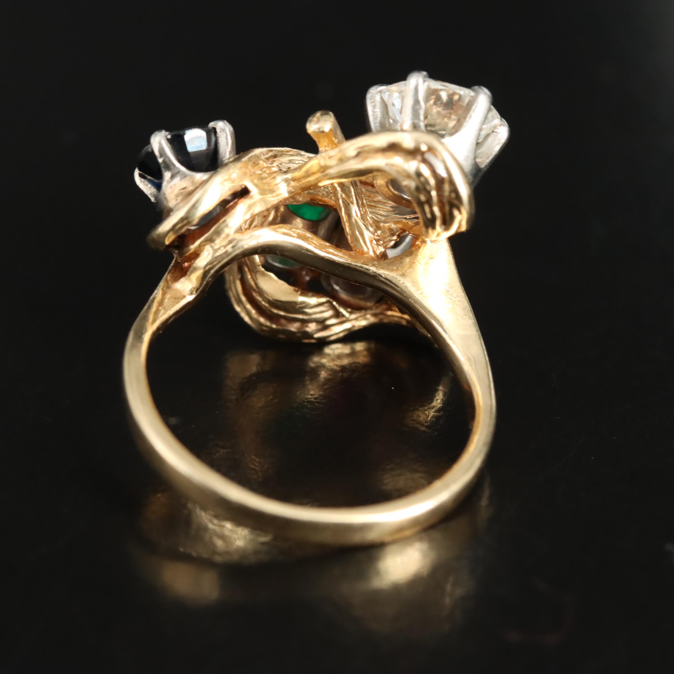14K Diamond, Ruby, Emerald and Sapphire Ring with Palladium Accent