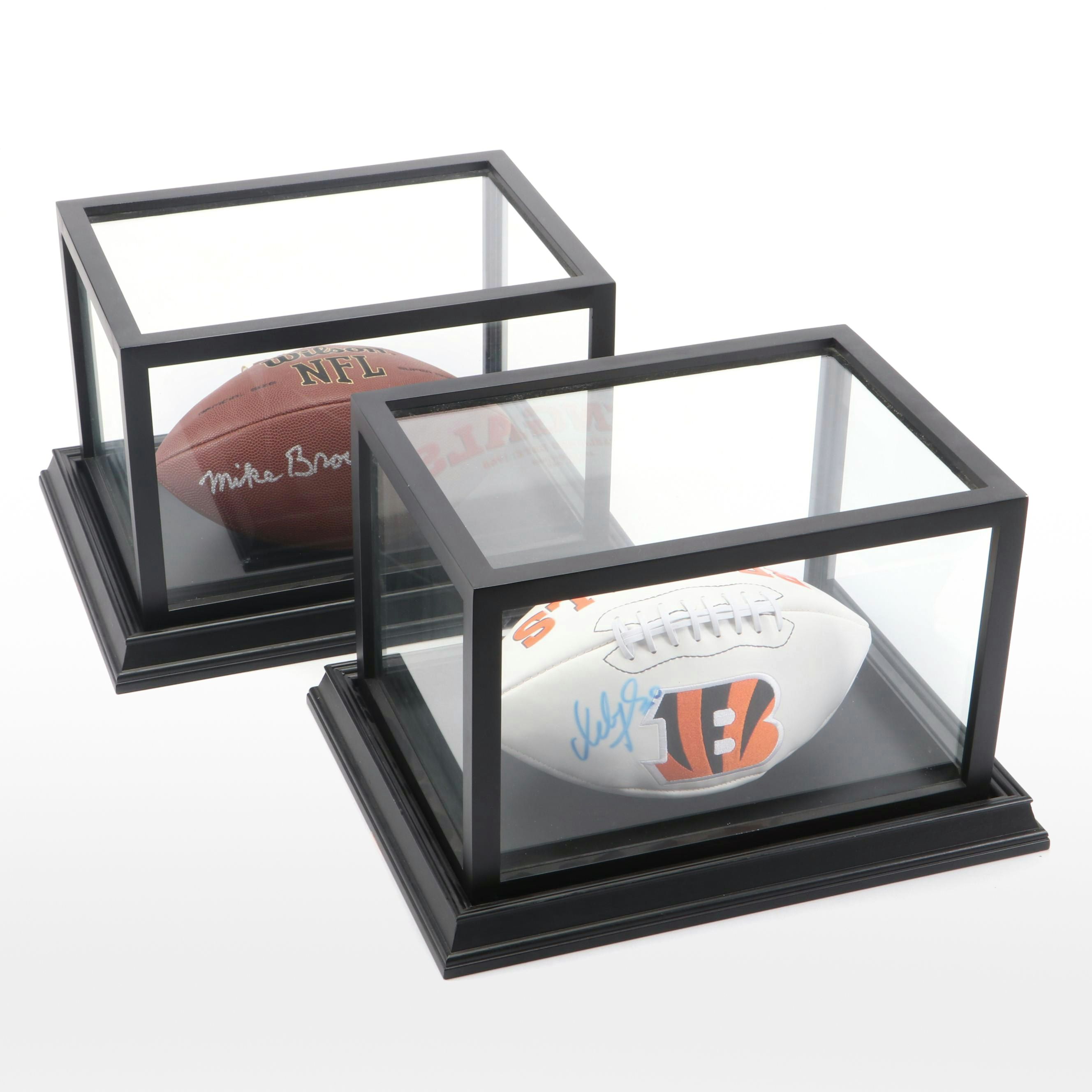 Ickey Woods and Mike Brown Signed Footballs with Displays
