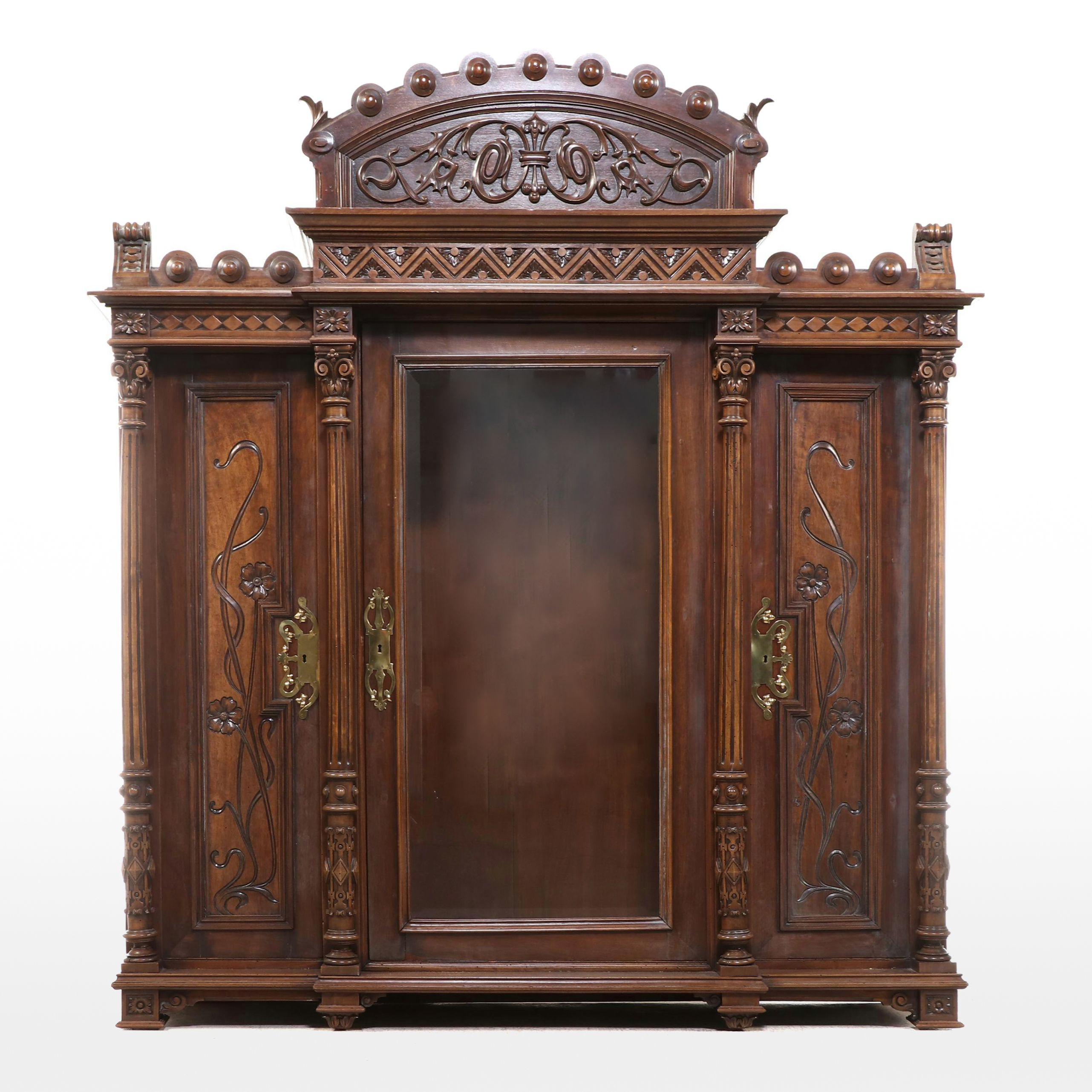 Monumental Renaissance Revival Carved Walnut & Rouge Marble Buffet à Deux Corps