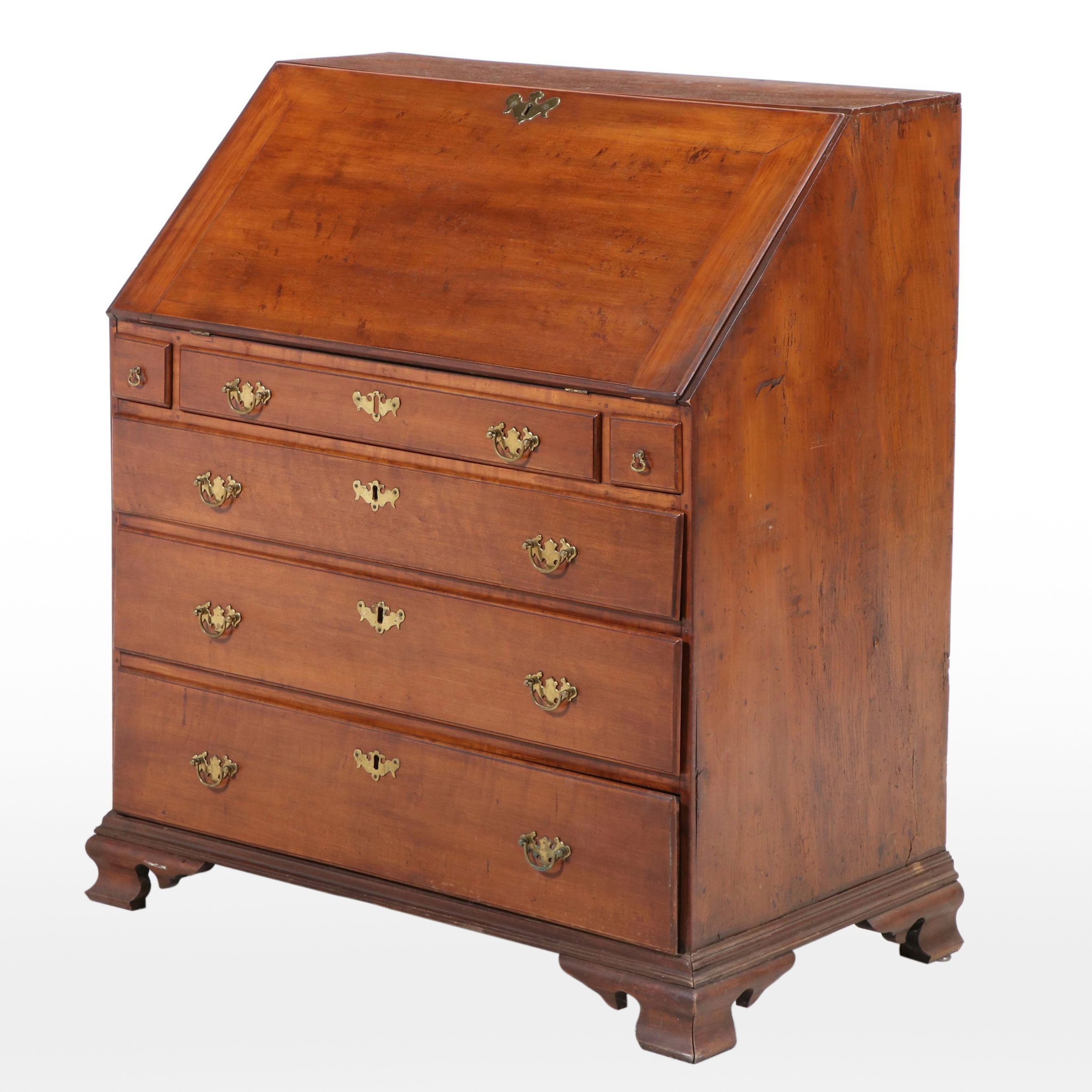 American Chippendale Maple and Cherrywood Slant-Front Desk, Early 19th Century