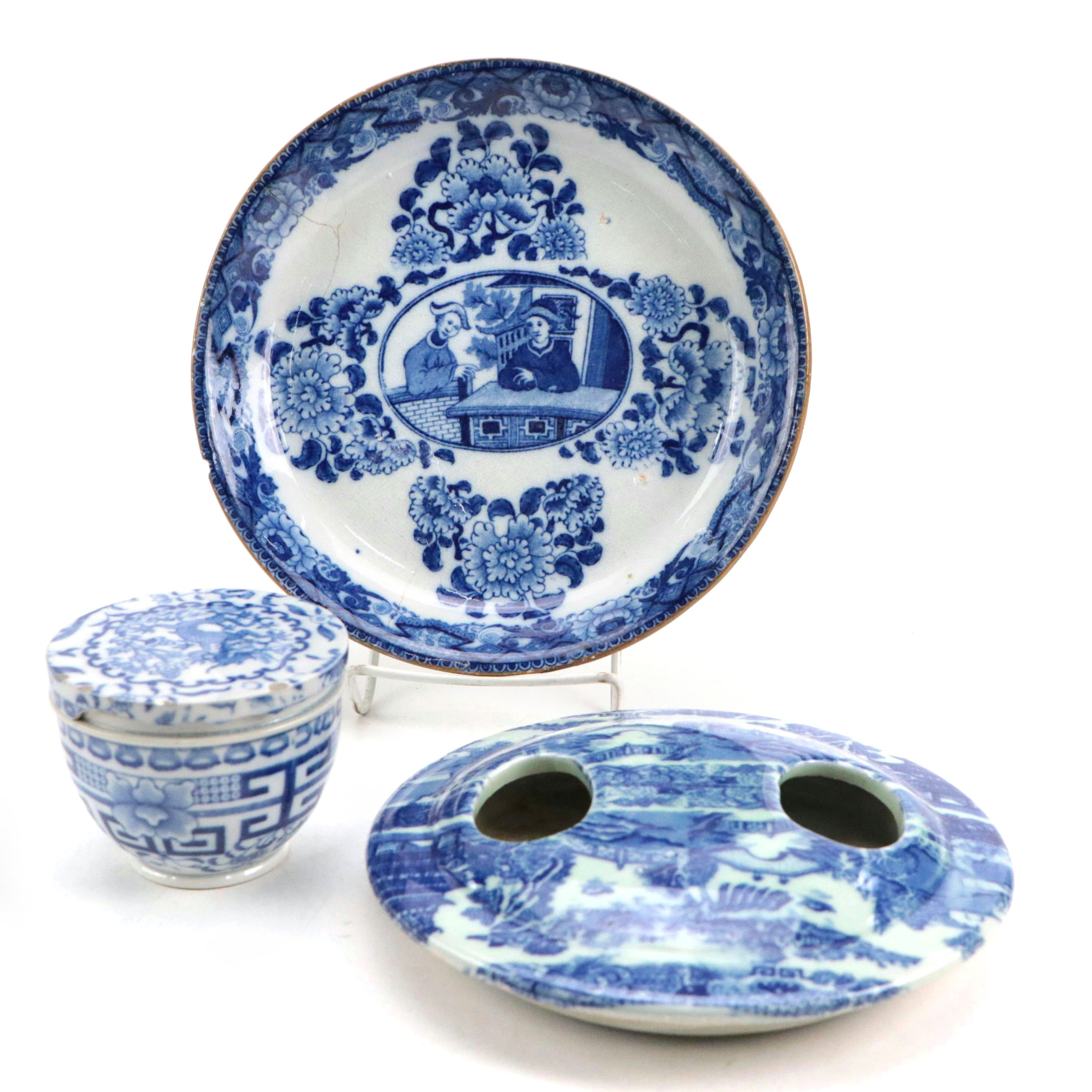 Chinese Porcelain Lidded Vessel with English Earthenware Chinoiserie Tableware