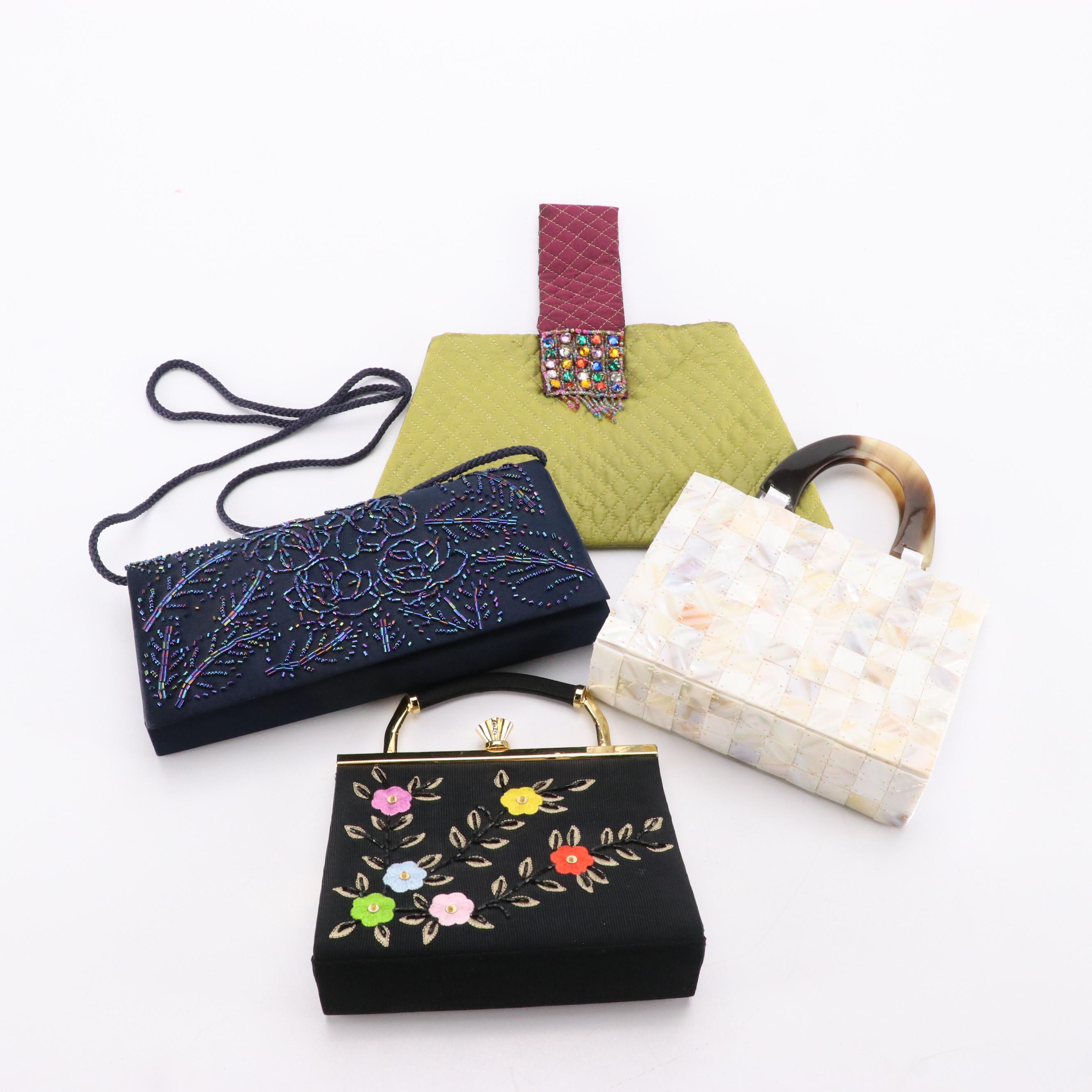 Beaded Evening Bags with Mother-of-Pearl and Quilted Textile Mini Totes