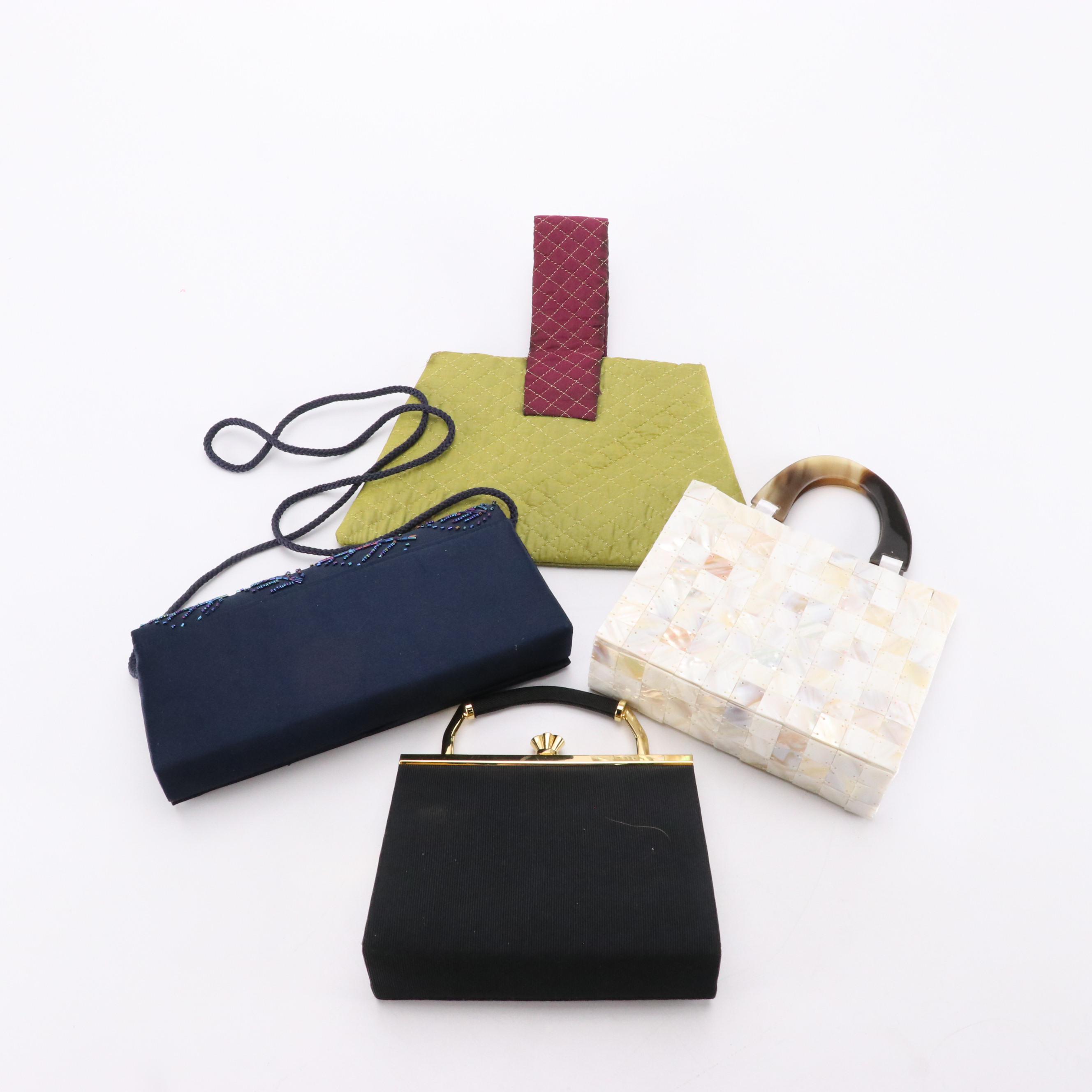 Beaded Evening Bags with Mother-of-Pearl and Quilted Textile Mini Totes