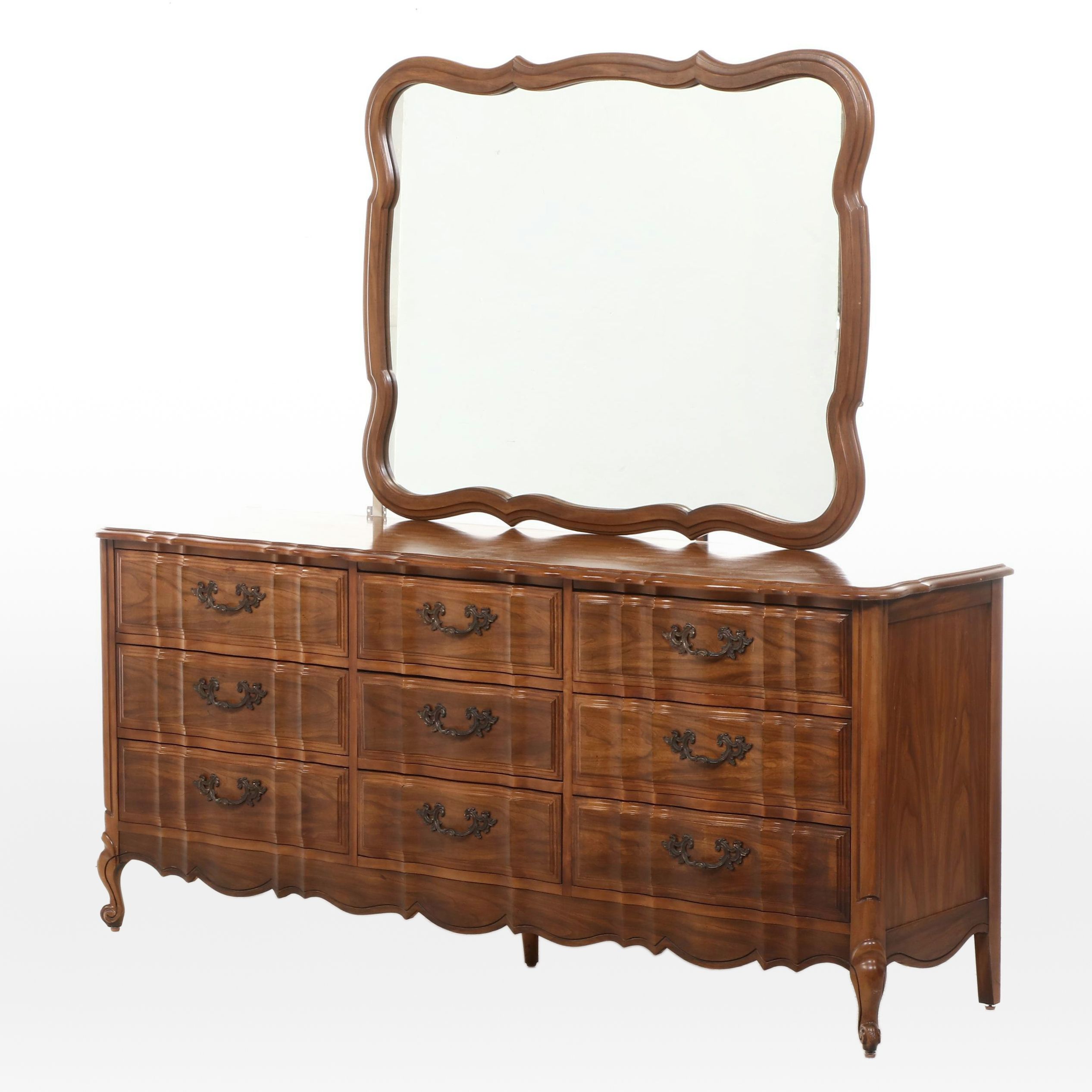 French Provincial Style Fruitwood-Stained Nine-Drawer Serpentine Dresser