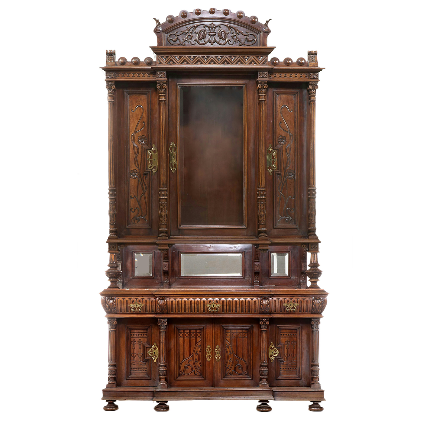 Monumental Renaissance Revival Carved Walnut & Rouge Marble Buffet à Deux Corps