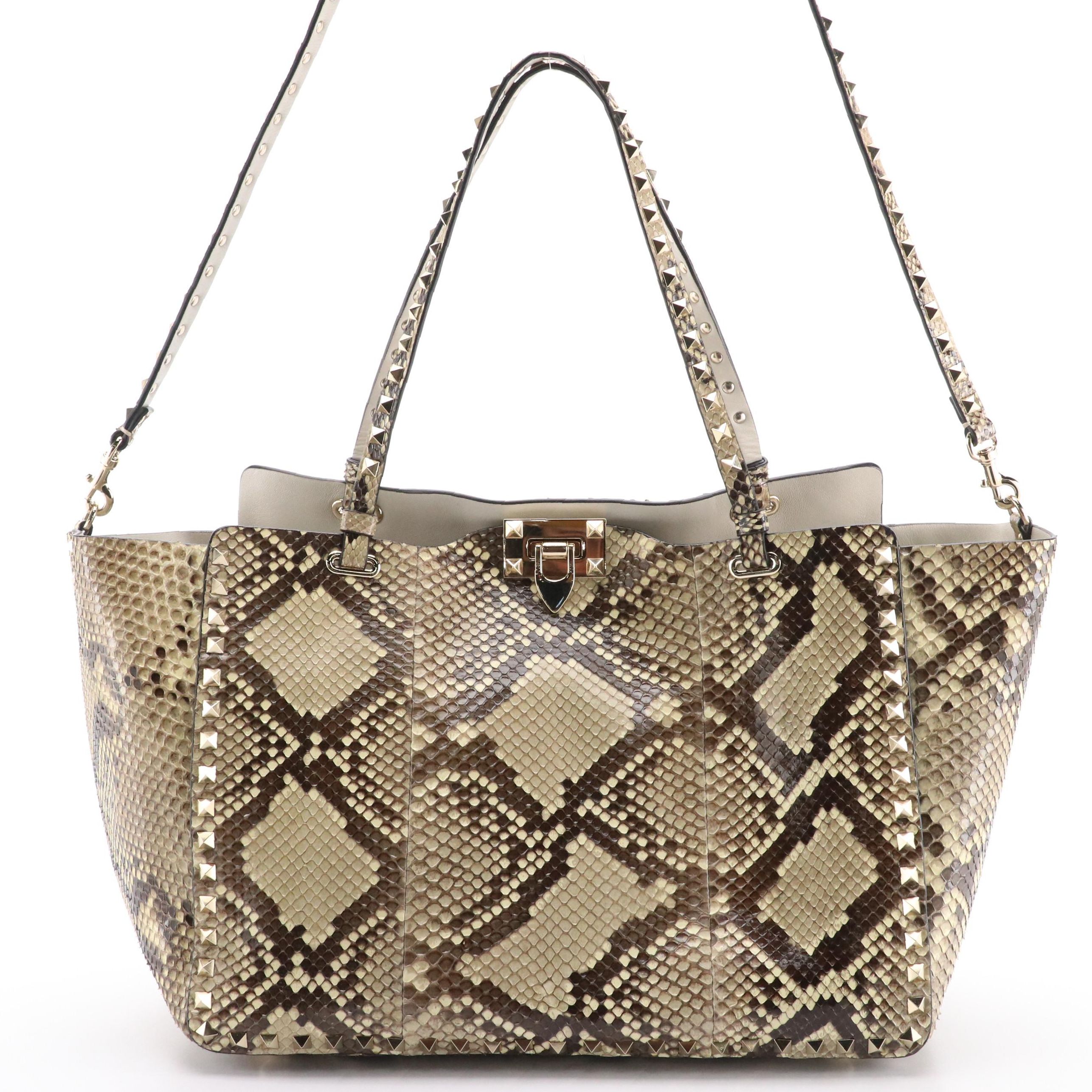 Valentino Large Rockstud Trapeze Two-Way Shoulder Bag in Python Skin