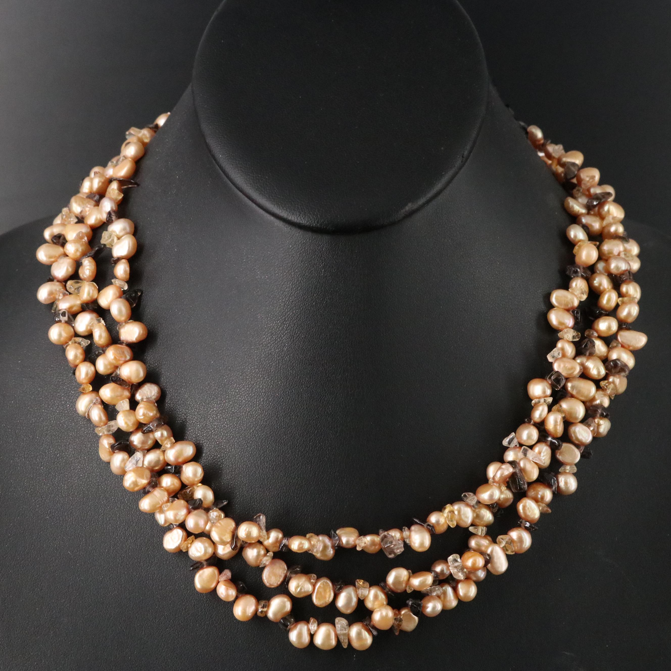 Pearl, Smoky Quartz, Citrine and Rock Crystal Quartz Necklace with 14K Clasp