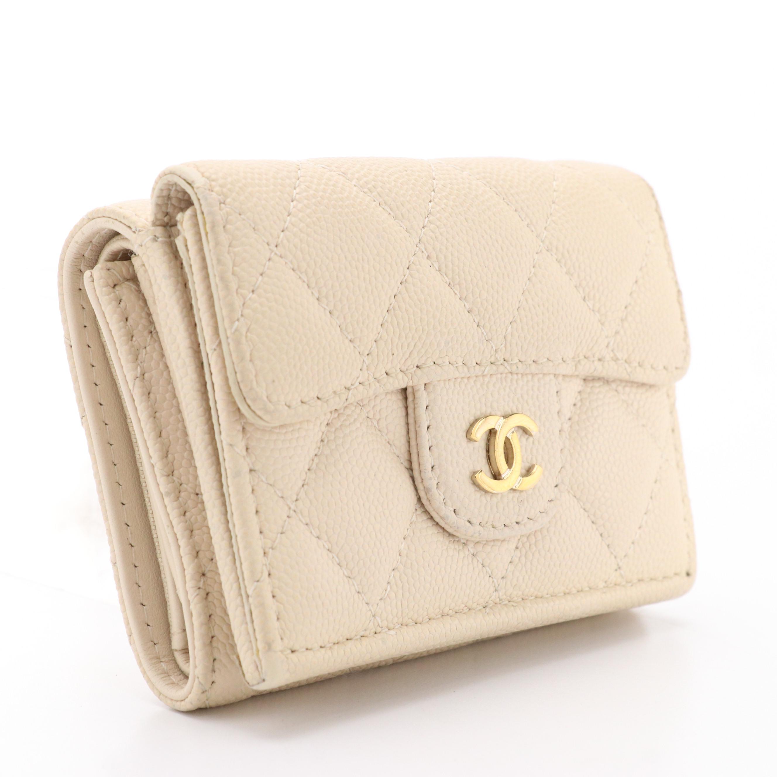 Chanel Classic CC Flap Quilted Cream Caviar Leather Trifold Wallet