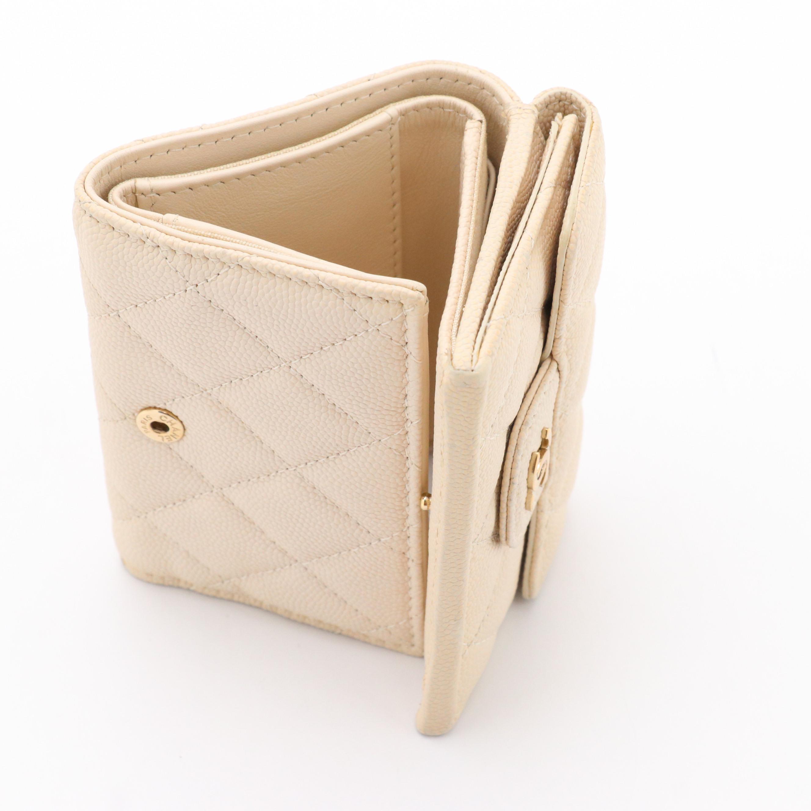 Chanel Classic CC Flap Quilted Cream Caviar Leather Trifold Wallet