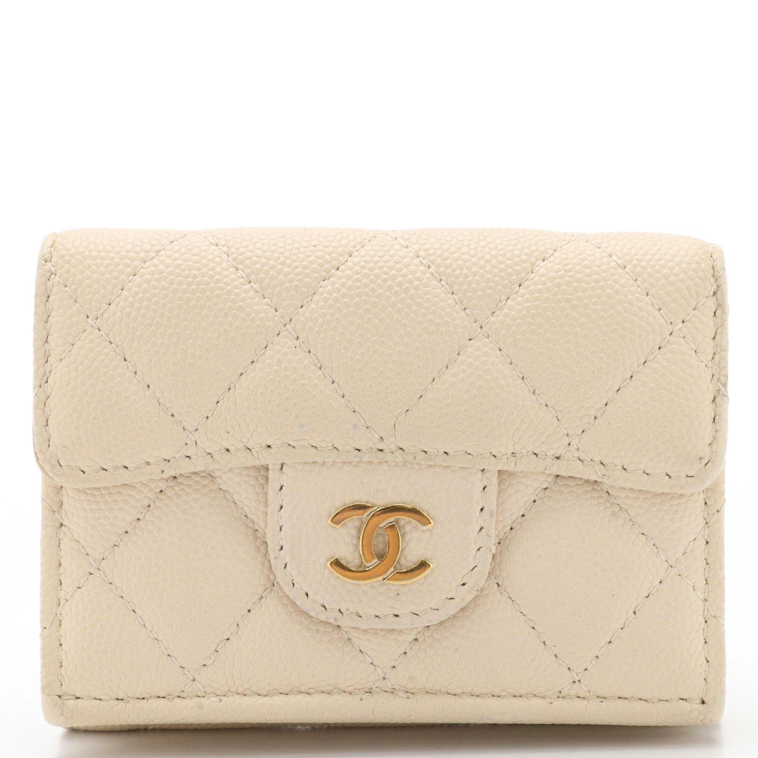 Chanel Classic CC Flap Quilted Cream Caviar Leather Trifold Wallet