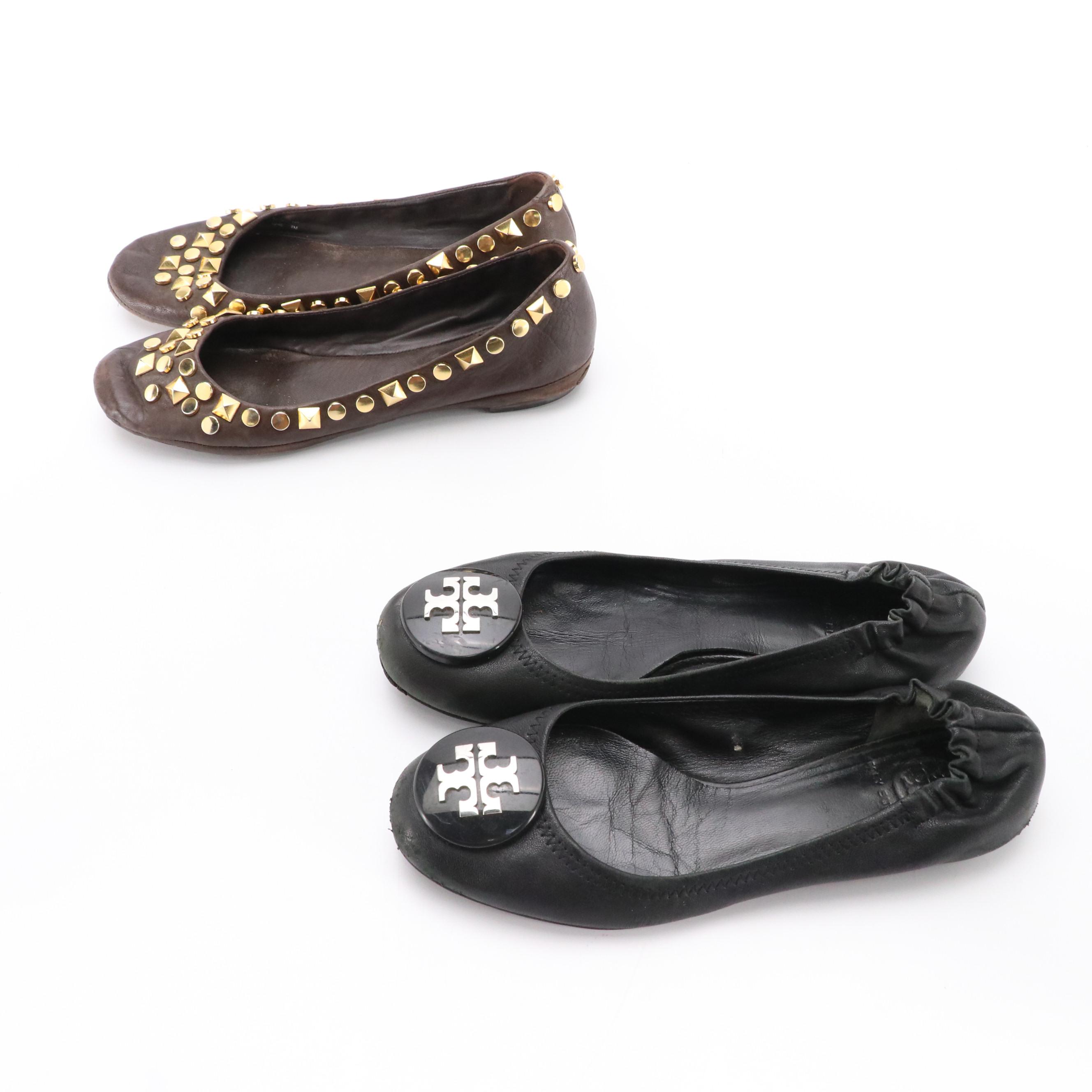 Tory Burch Black Leather and Embellished Brown Leather Flats