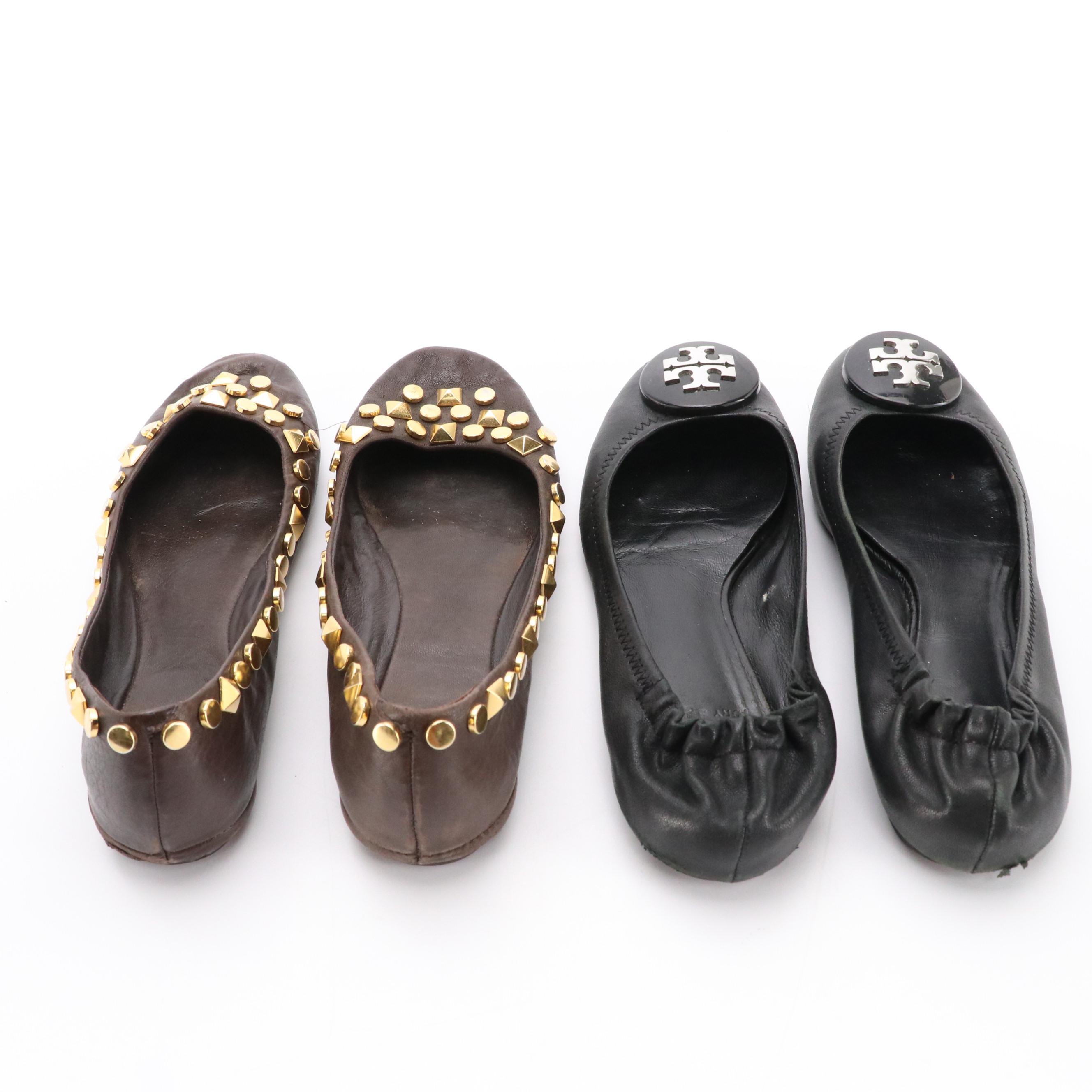 Tory Burch Black Leather and Embellished Brown Leather Flats