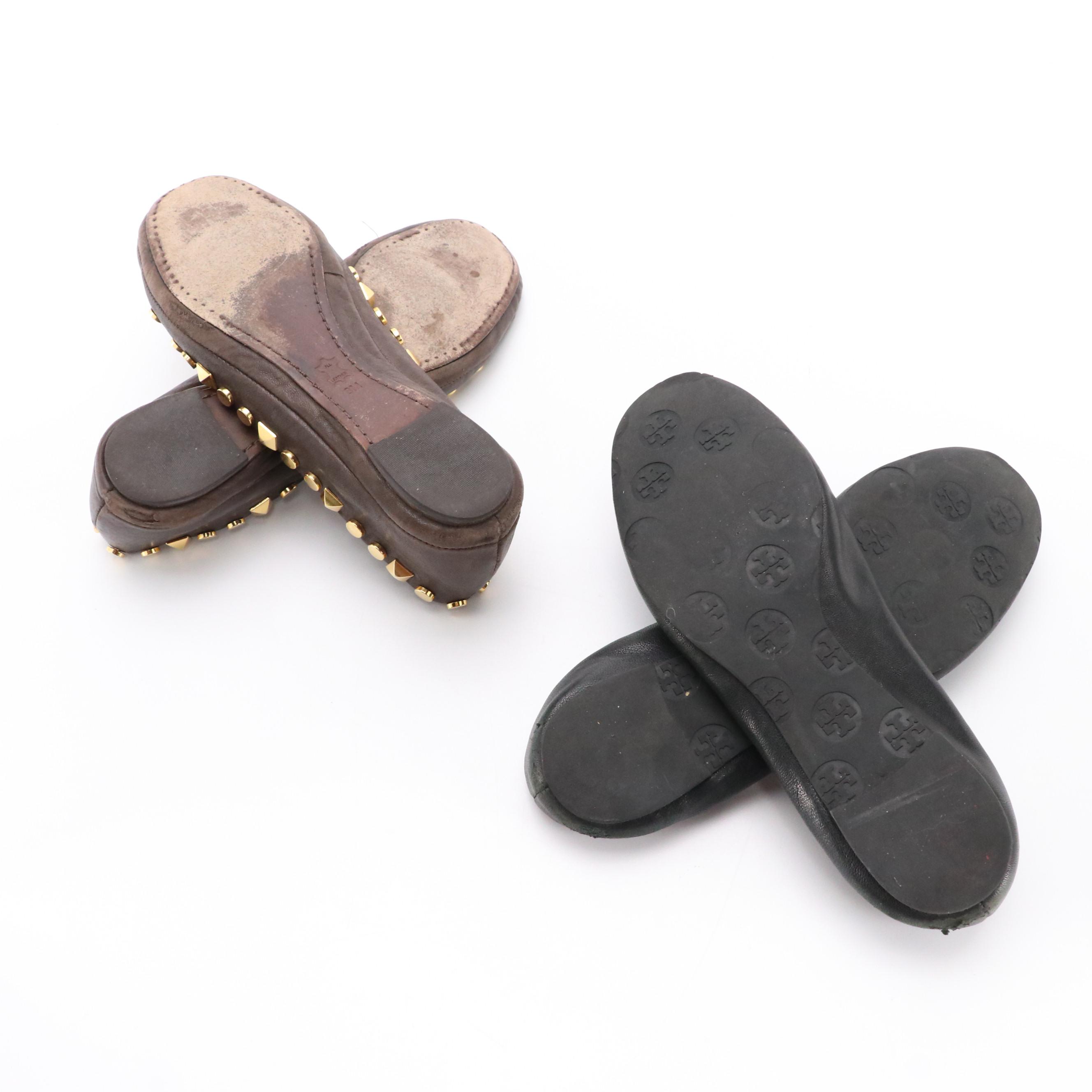 Tory Burch Black Leather and Embellished Brown Leather Flats