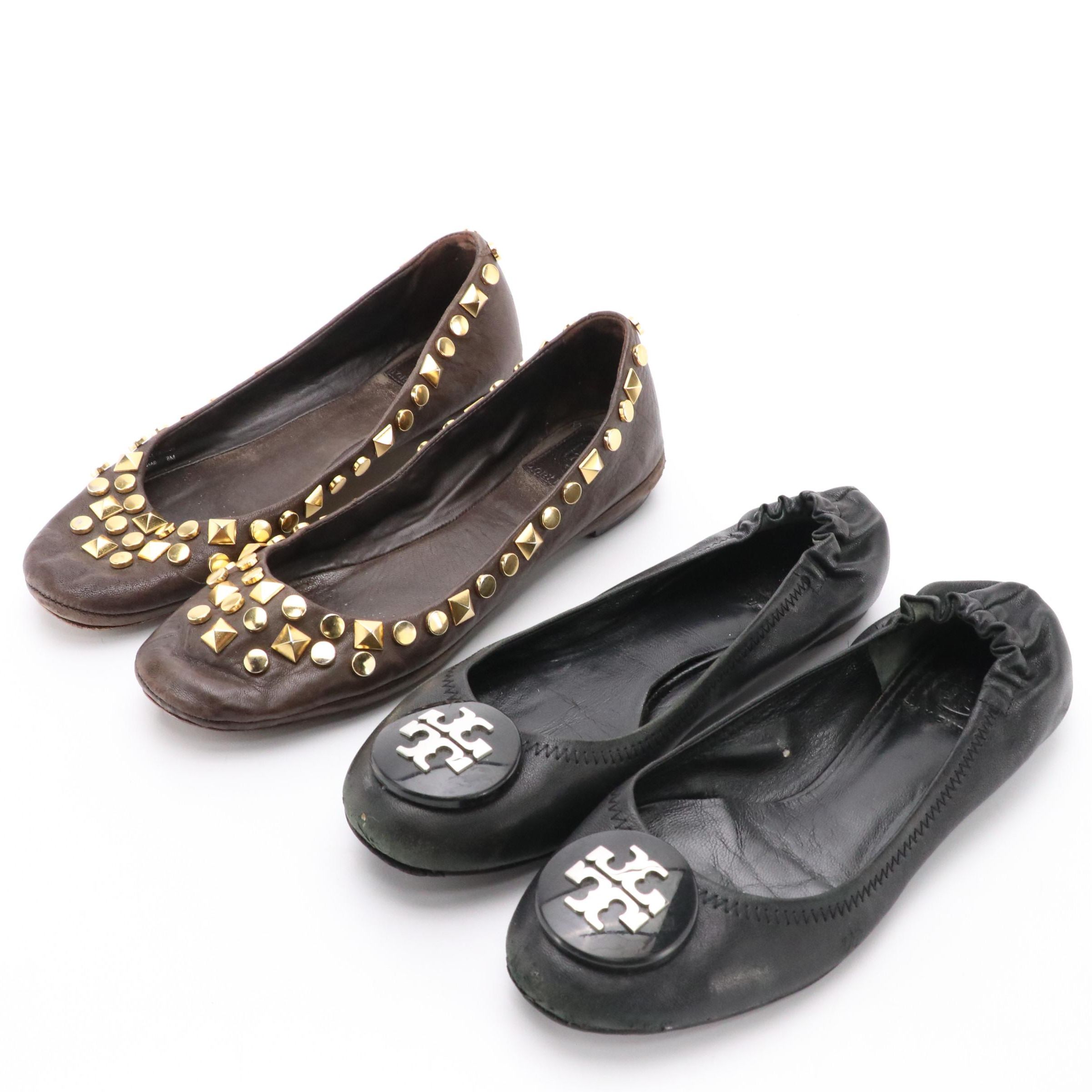 Tory Burch Black Leather and Embellished Brown Leather Flats