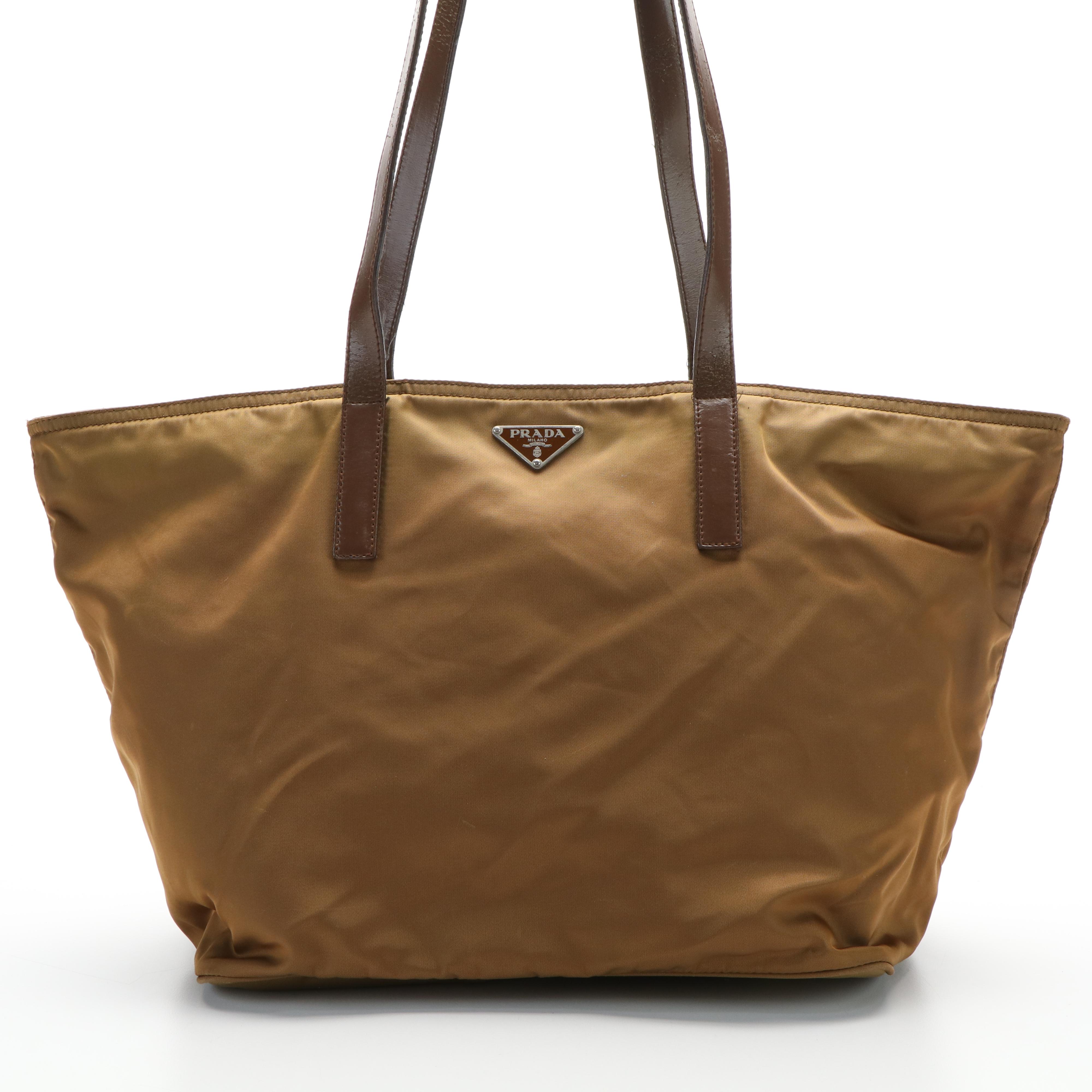 Prada Triangle Logo Tessuto Tote Bag in Brown Nylon