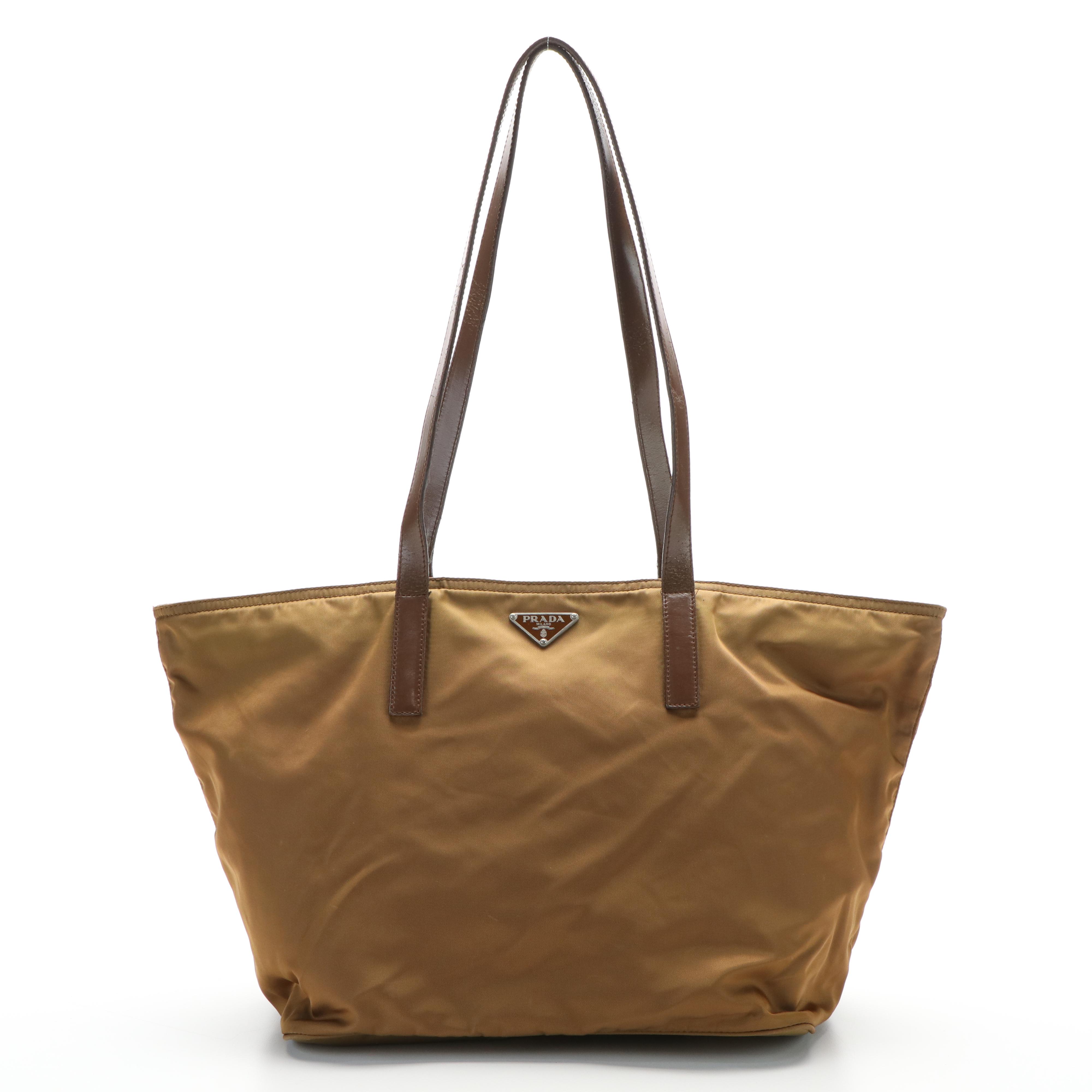 Prada Triangle Logo Tessuto Tote Bag in Brown Nylon